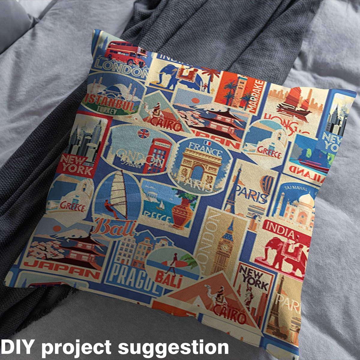 Travel Themed Fabric by The Yard World Urban Landscape Decorative Fabric for Sewing Lovers Cartoon City Building Retro Plaid Fabric for DIY Outdoor Indoor Furnishing Hobby 3 Yards,108" L x 59" W