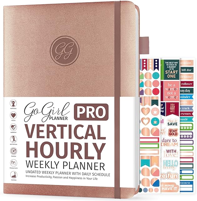 GoGirl Planner PRO Schedule - Undated Planner with Hourly Time Slots, Monthly, Weekly & Daily Organizer, Appointment Book for time Management, 18 x 25.5cm, Hardcover, Lasts 1 Year - Rose Gold