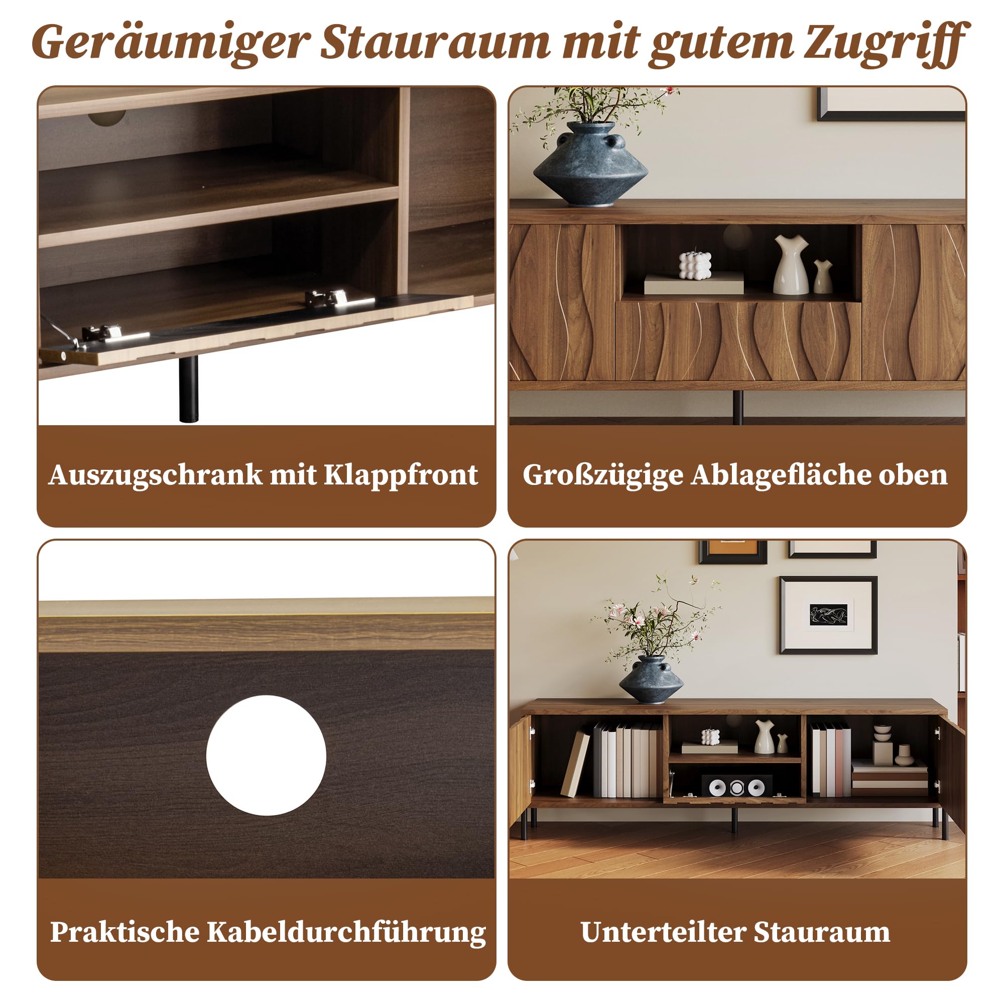 Kebnor Mesa de centro y soporte de TV combinación de madera maciza con patrón ondulado, juego de almacenamiento con grano de madera natural, muebles de almacenamiento artístico para el salón