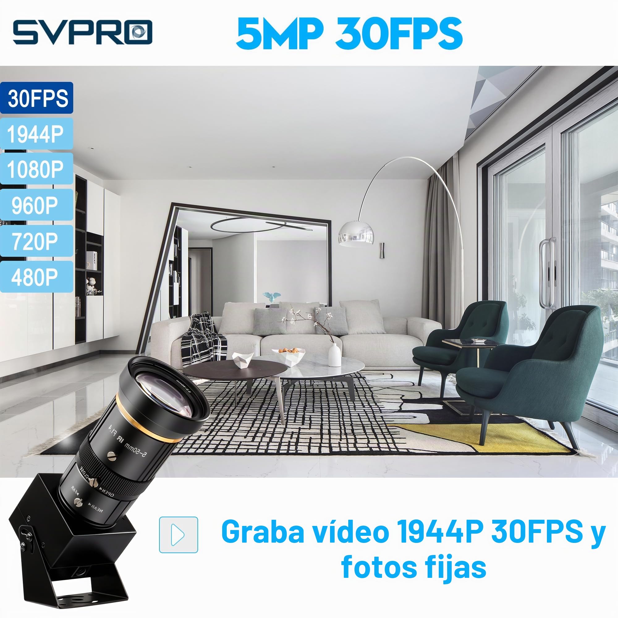 SVPRO Cámara USB de 5 MP 30 FPS con lente teleobjetivo de 5 a 50 mm, zoom óptico de 10X, cámara web de enfoque manual para macro y larga distancia, cámara de computadora con poca luz con sensor IMX335