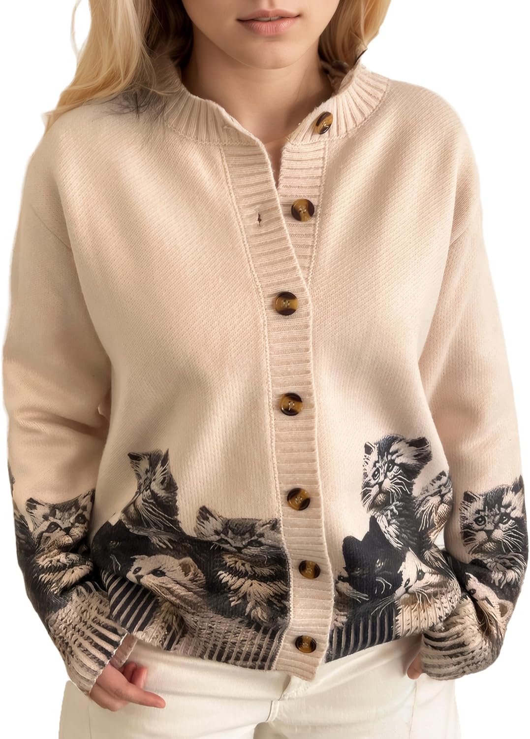 Graphic Cardigans for Women Knitted Button Oversize Cat Graphic Sweater Warm Cartoon Casual Trendy Cardigans