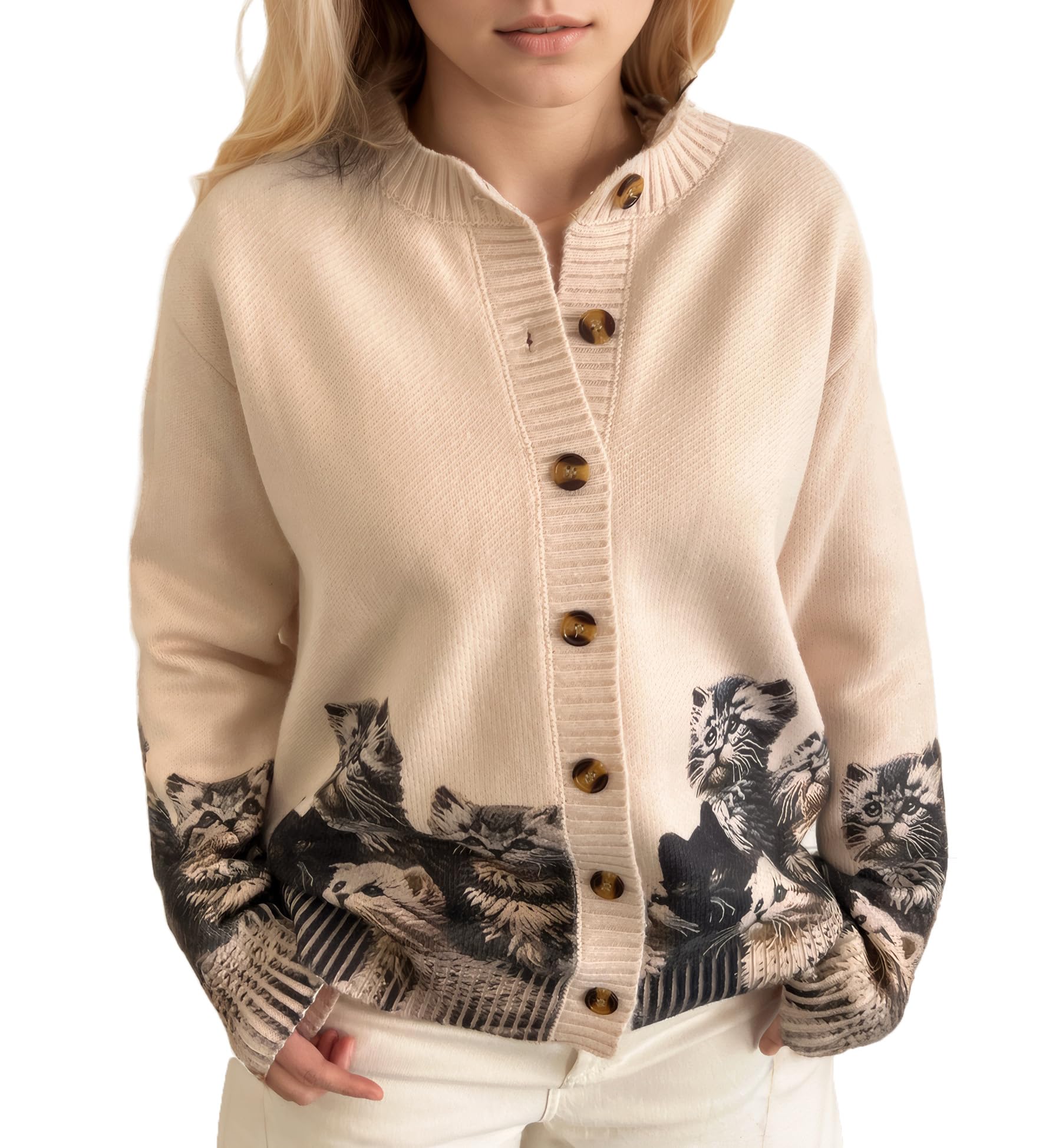 Graphic Cardigans for Women Knitted Button Oversize Cat Graphic Sweater Warm Cartoon Casual Trendy Cardigans