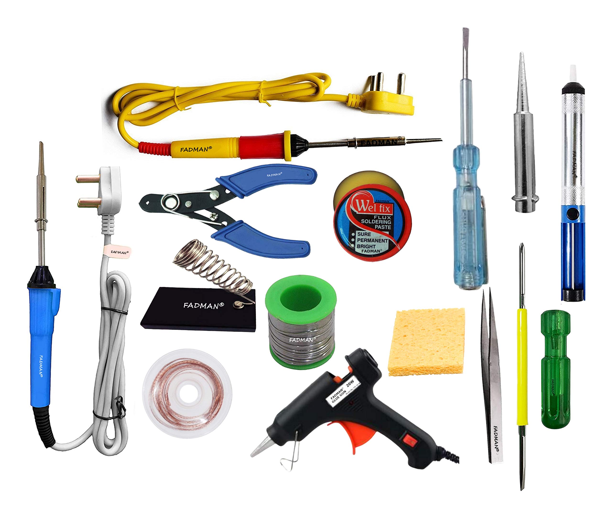 FADMAN Soldering Iron 25 W Simple - 2 | Cutter | Paste | Tester | Bit | Desolder Pump | ScrewDriver | Stand | Wick | Solder Wire | Tweezer | Glue Gun 20W Black | Sponge | (Yellow+Red) (Blue+Grey) (B08L3S5QZ8) Amazon Price History, Amazon Price Tracker
