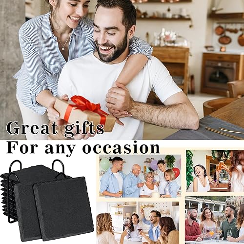 Miniatura 6 de Posavasos de pizarra con soporte, 4 pulgadas, 12 piezas, cuadrados rústicos, juego de posavasos de piedra negra con respaldo antiarañazos para