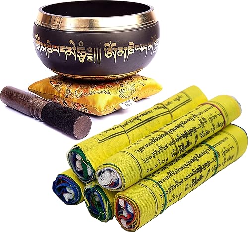 Juego de cuencos tibetanos prémium  Bronce de grado curativo maestro con auténtico arte Thangka + 5 rollos de banderas tibetanas de oración impresas