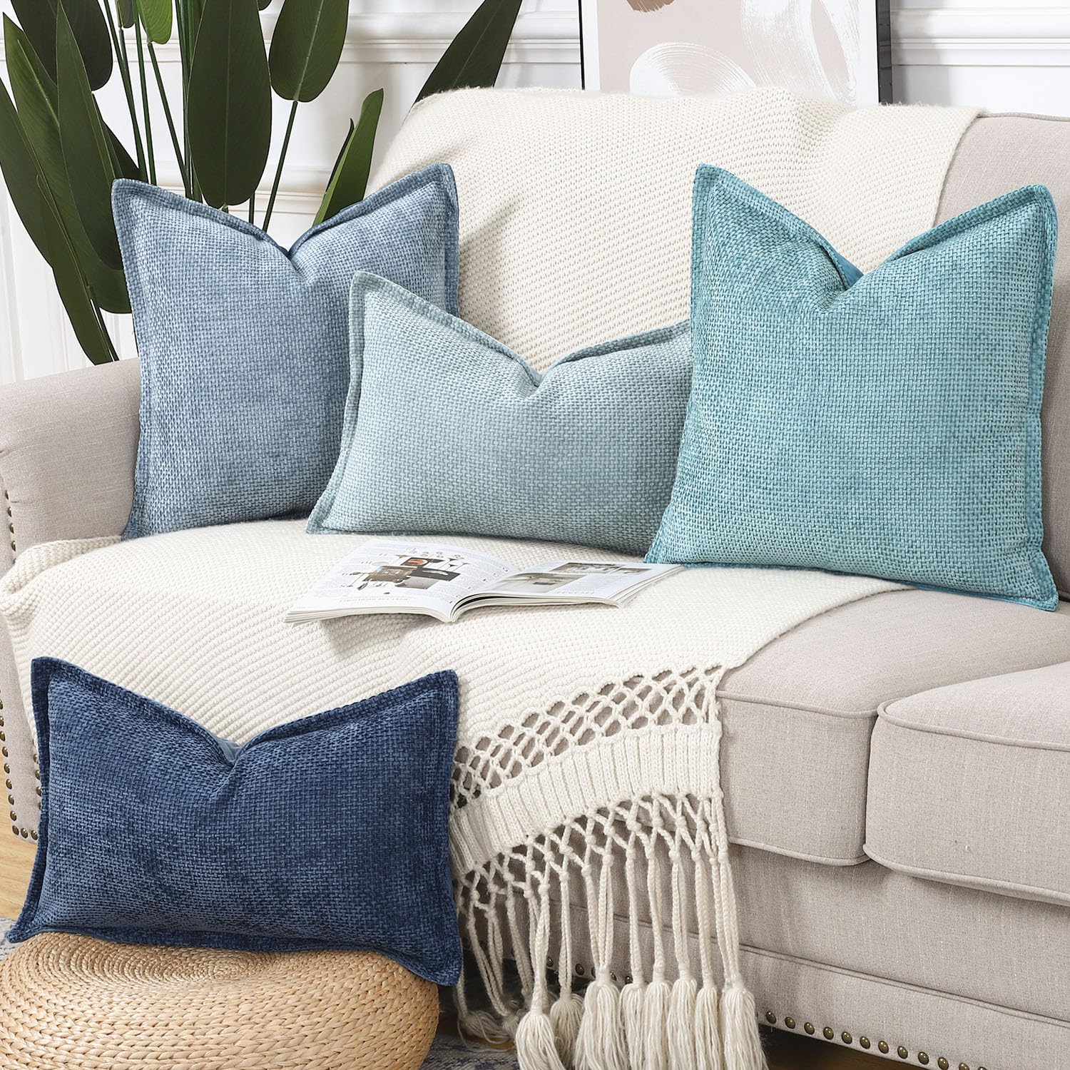 Madizz 2er Set Chenille Samt mit Rand Kissenbezüge Weiche Dekorativ Zierkissenbezüge Modern Kissenhülle für Sofa Wohnzimmer Schlafzimmer Türkis 50x50 cm