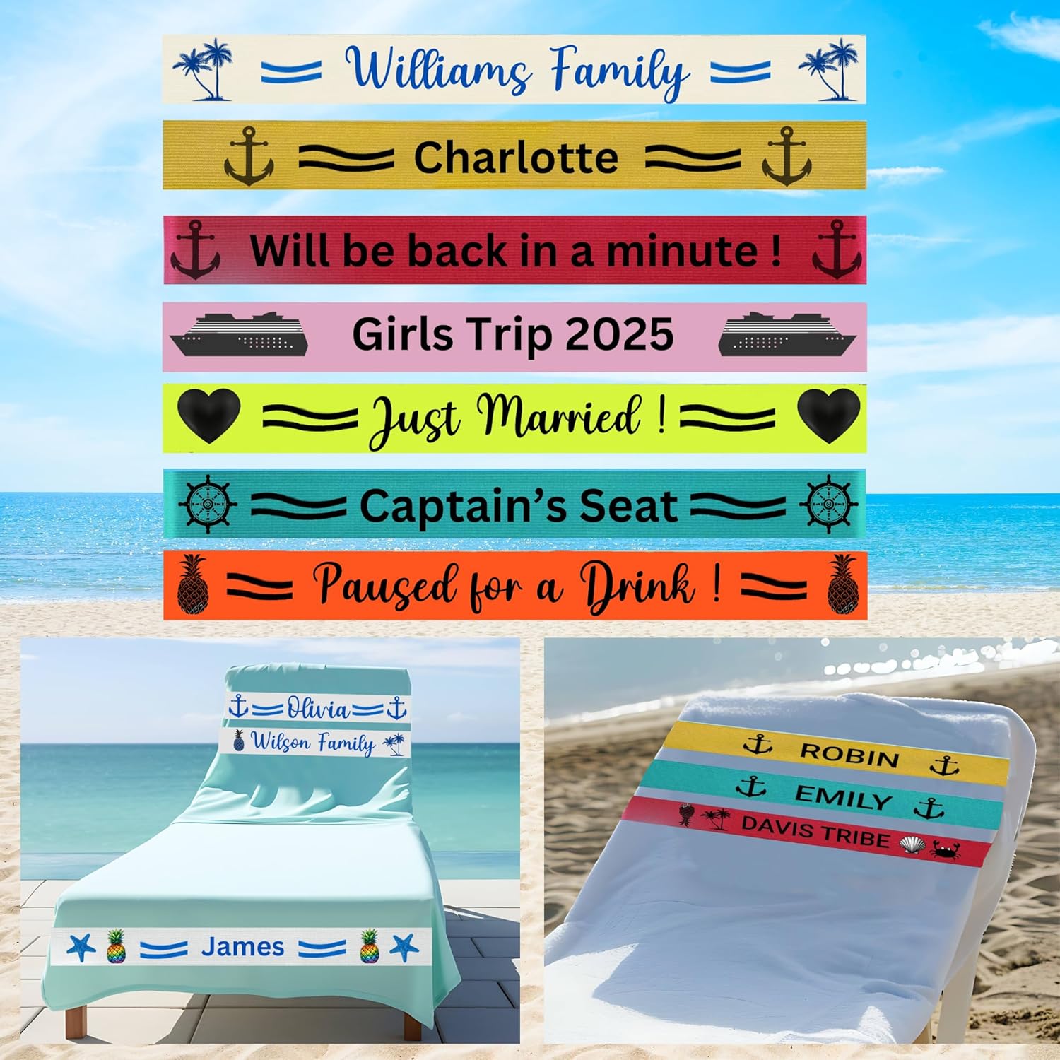 Custom Towel Band for Cruise Chairs, Personalized Cruise Ship Essentials, Stretchable Towel Holder, Elastic Strap, Windproof for Pool Boat Beach (Turquoise,Pack of 4)