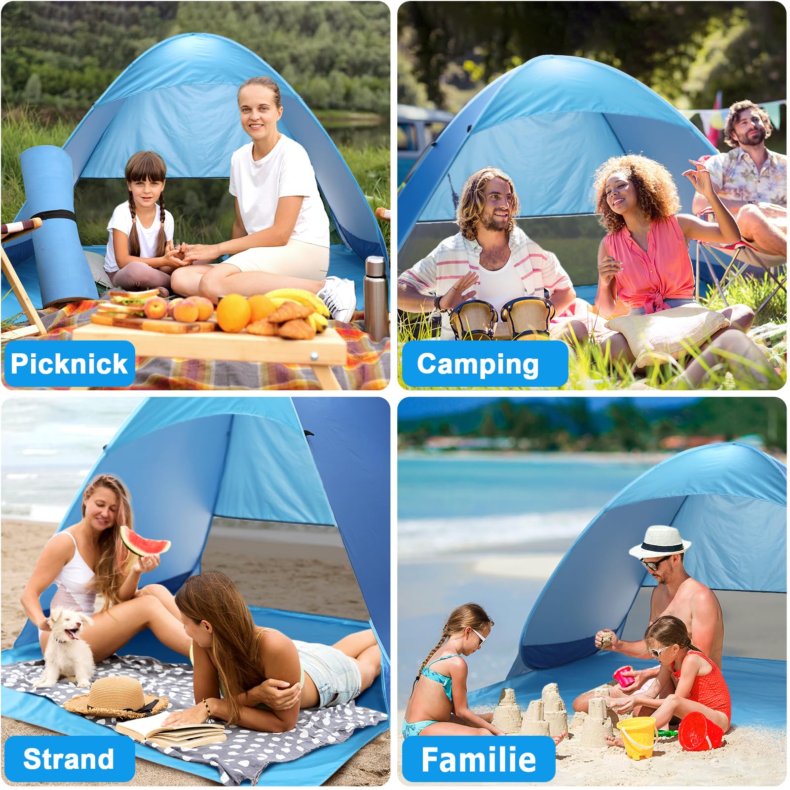 COVACURE Strandmuschel Pop Up XXL Strandzelt für 3–4 Personen, mit UV-Schutz UPF 50+ Ideal für Strand, Garten und Park