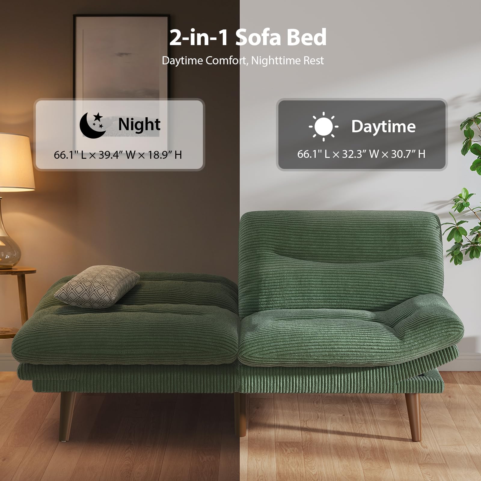 Pipishell 75" Convertible Futon Sofa Bed with Adjustable Armrests, Green | 3-in-1 Sofa, Recliner and Bed, 3-Position Adjustable Backrests, 5-Level Adjustable Armrests, Corduroy Fabric, Small Space Use