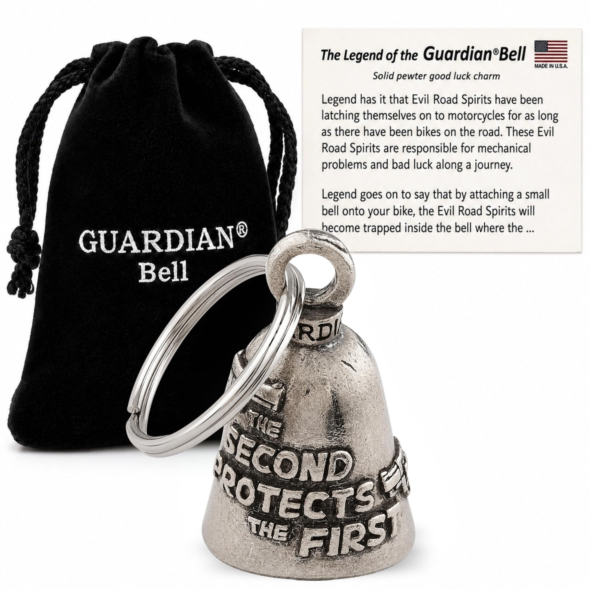 Guardian Bell Second Amendment Protects Good Luck Bell w/Keyring &amp; Black Velvet Gift Bag | Motorcycle Bell | Lead-Free Pewter | Made in USA