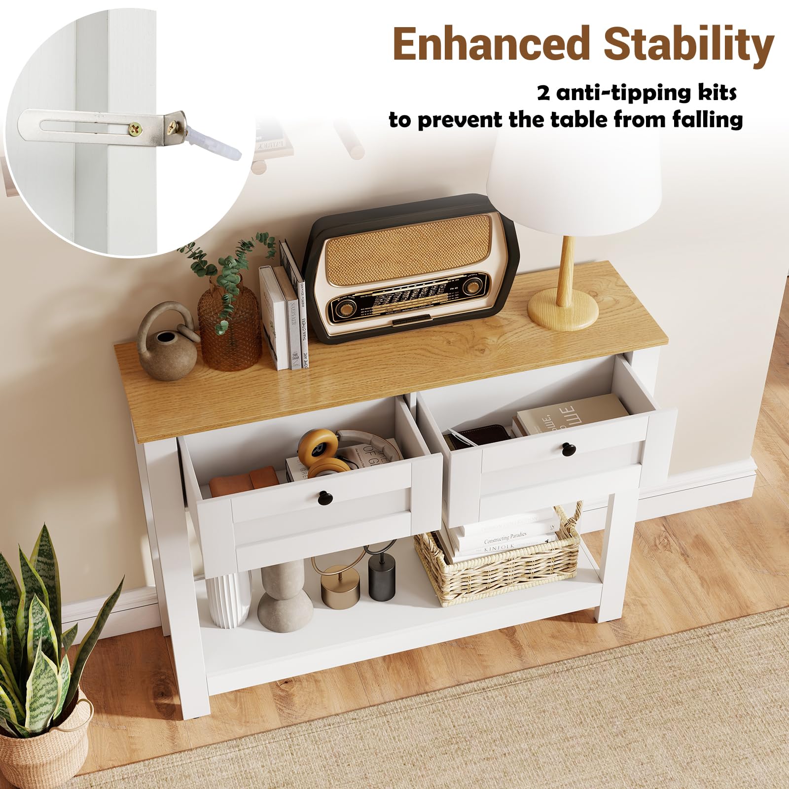 LIFEZEAL Tavolo Consolle, Console Bianca in Legno, Tavolo d’Ingresso a 2 Ripiani, con 2 Cassetti, Antiribaltamento, Moderno, Corridoio, Entrata, Soggiorno, Dietro Divano, Max 80 kg, 106x30x81,5 cm