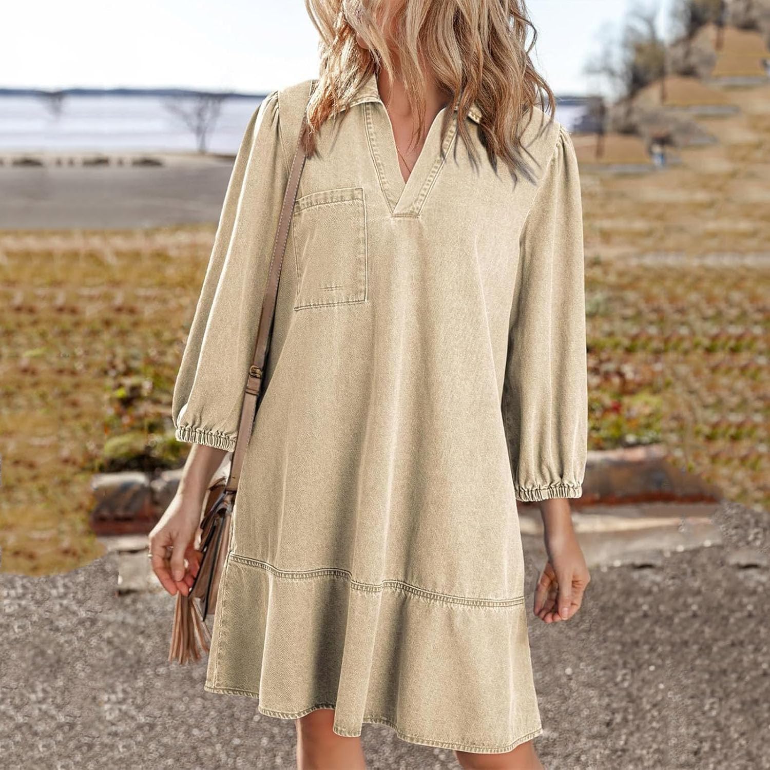 Vestido Vaquero con Capas, Cuello en V y Mangas abullonadas para Mujer, Vestidos Vaqueros con Volantes y Mangas 3/4, Vestido Vaquero Camisero Holgado de Verano con Bolsillos. (Apricot,S)