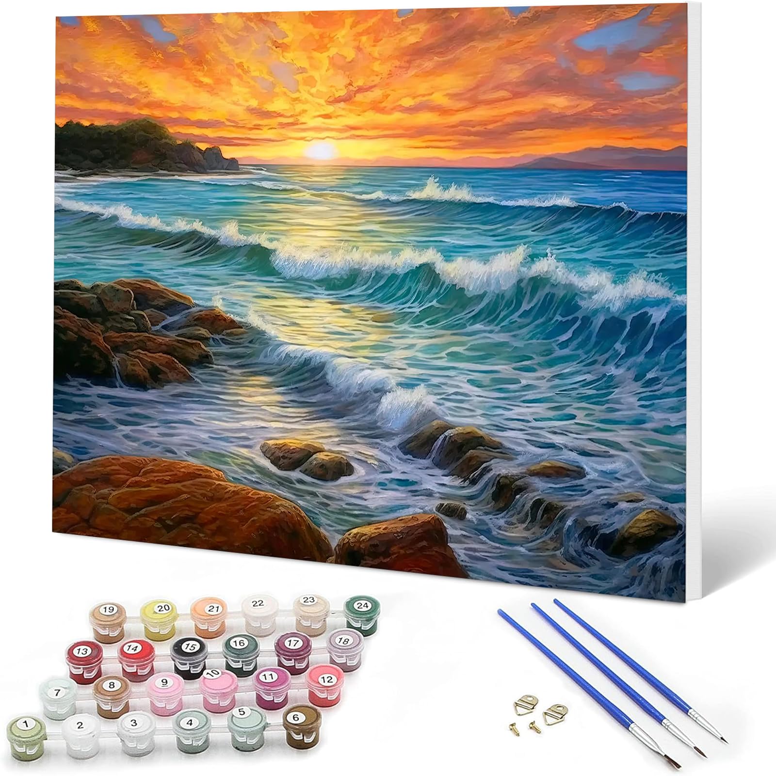 Auremi Sea Paint by Numbers Kits for Adults Kids,Landscape Painting Kits for Beginners On Clear Symbols Canvas with Wooden Framed, Easy Landscape DIY Acrylic Pigment Drawing Paintwork 20x30cm