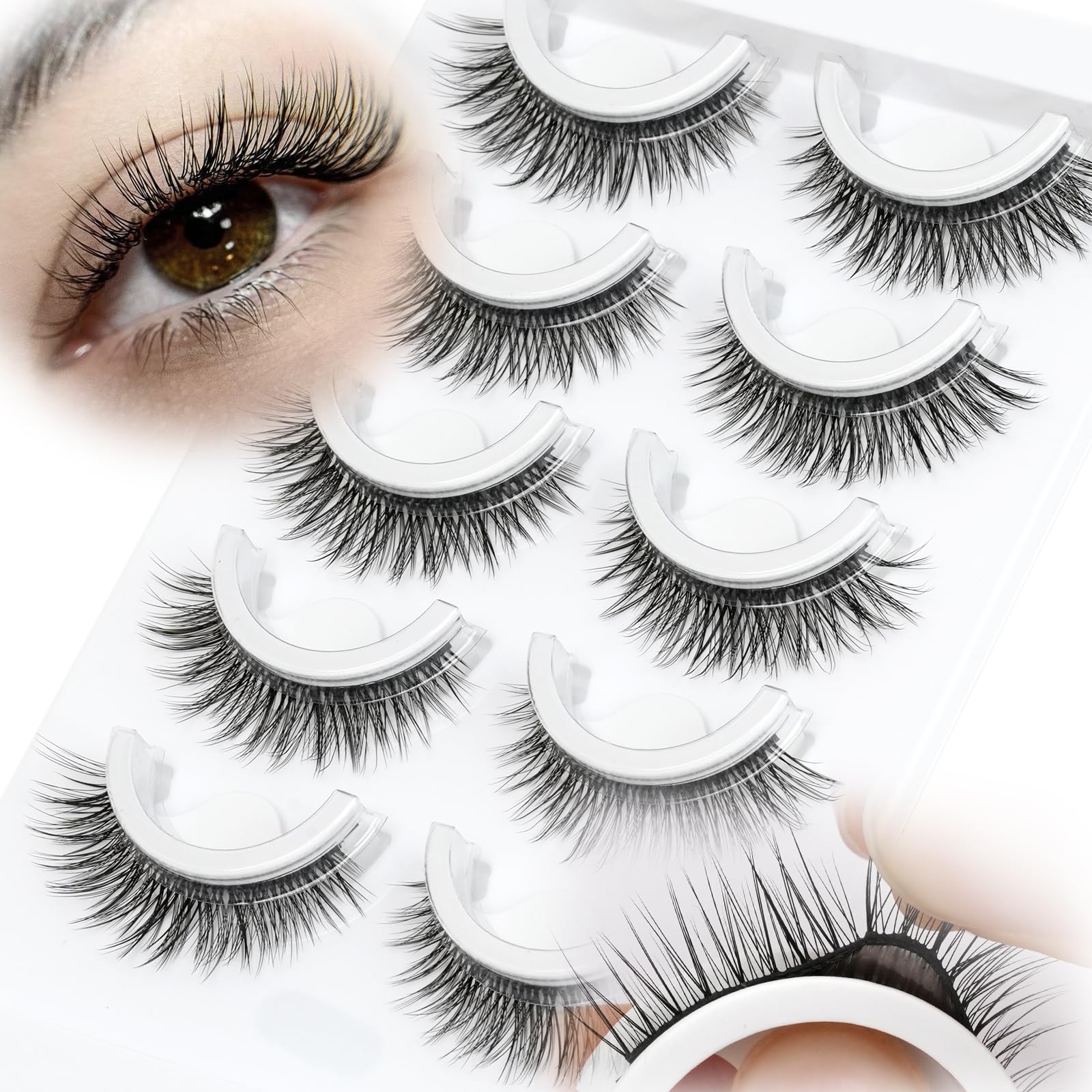 EMEDA Self Adhesive Eyelashes Preglued Glueless -Natural Look No Glue Eyelashes 14mm Natural Cat Eye Glueless No Glue Needed Reusable Stick on False Strip Lashes Easy for Beginner ZN40