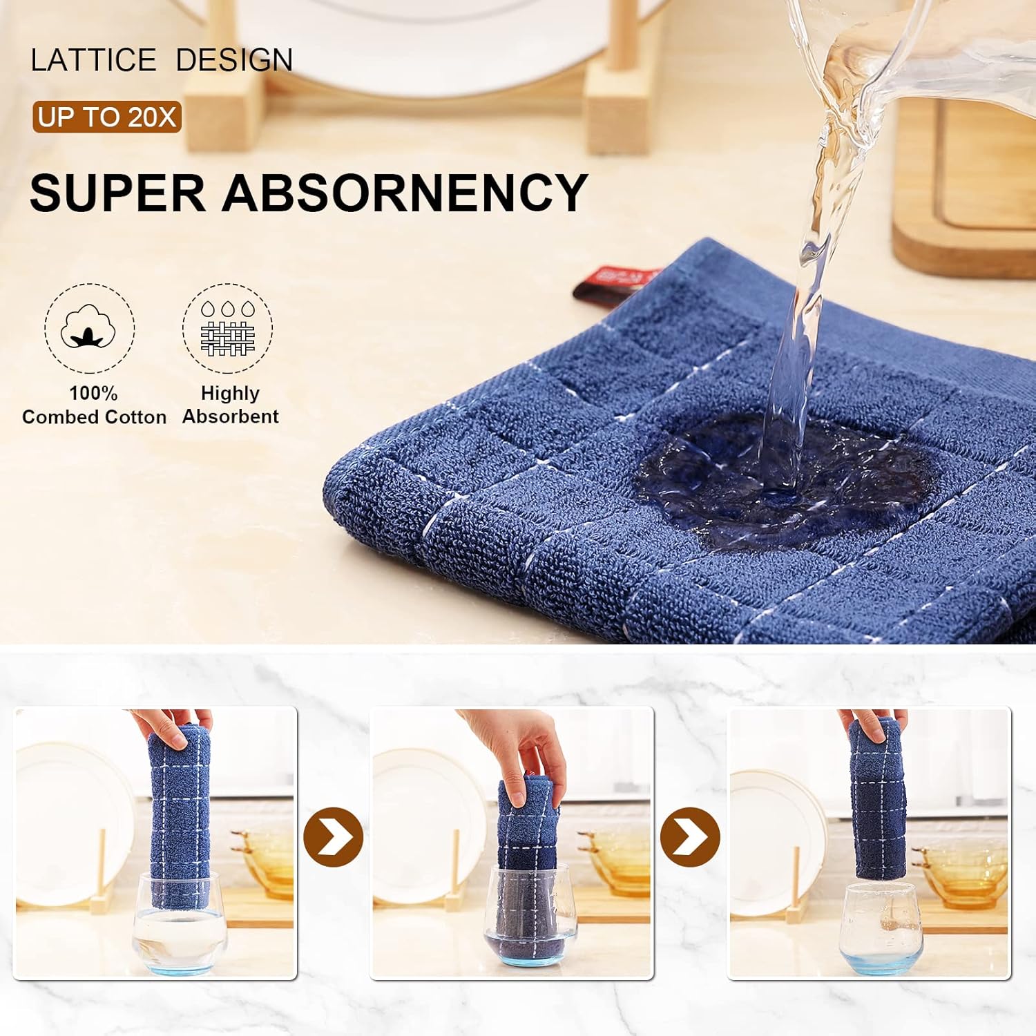 Mordimy 100% Cotton Terry Dish Cloths, Soft and Absorbent Checkered Dish Towels, Quick Drying Dish Rags for Washing Dishes, 6 Pack, 12 x 12 Inches, Navy Blue - Image 3