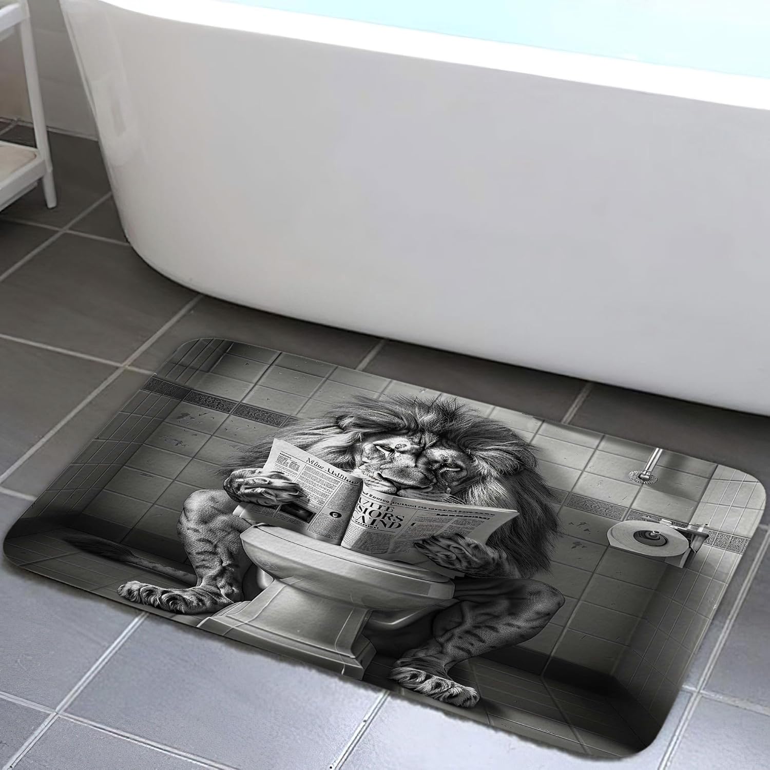 4PCS Funny Lion Shower Curtain Bathroom Set with Rugs, Toilet Lid Cover and Bath Mat, Fun Fancy Humor Leo Animal Toilet Shower Curtains Set, Black and White Masculine Shower Curtains with 12 Hooks