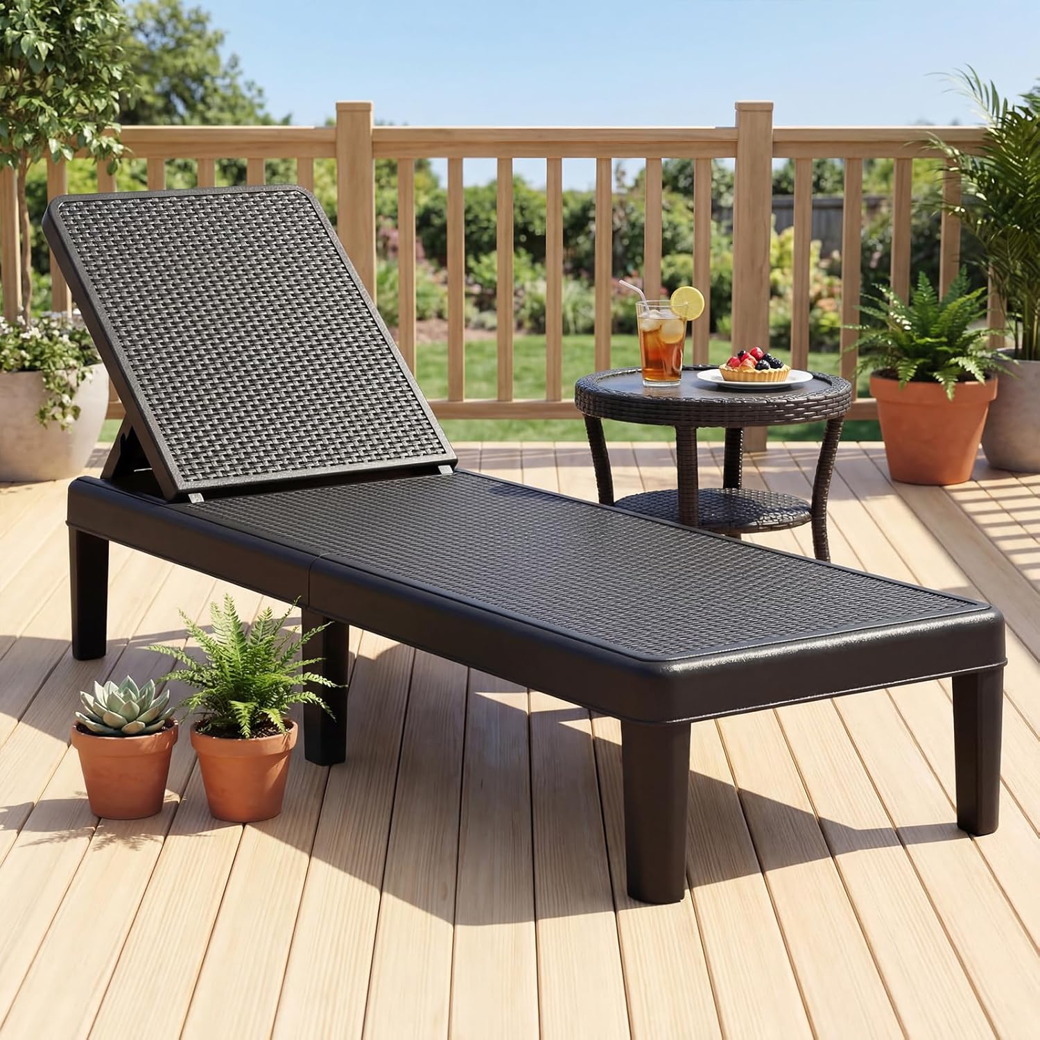 Tangkula Outdoor Chaise Lounger Chair, 4-Position Reclining Chair with Waterproof Rattan Textured PP Surface, 330 lbs Capacity & Easy Assembly for Pool Garden Deck Beach (1,Black)