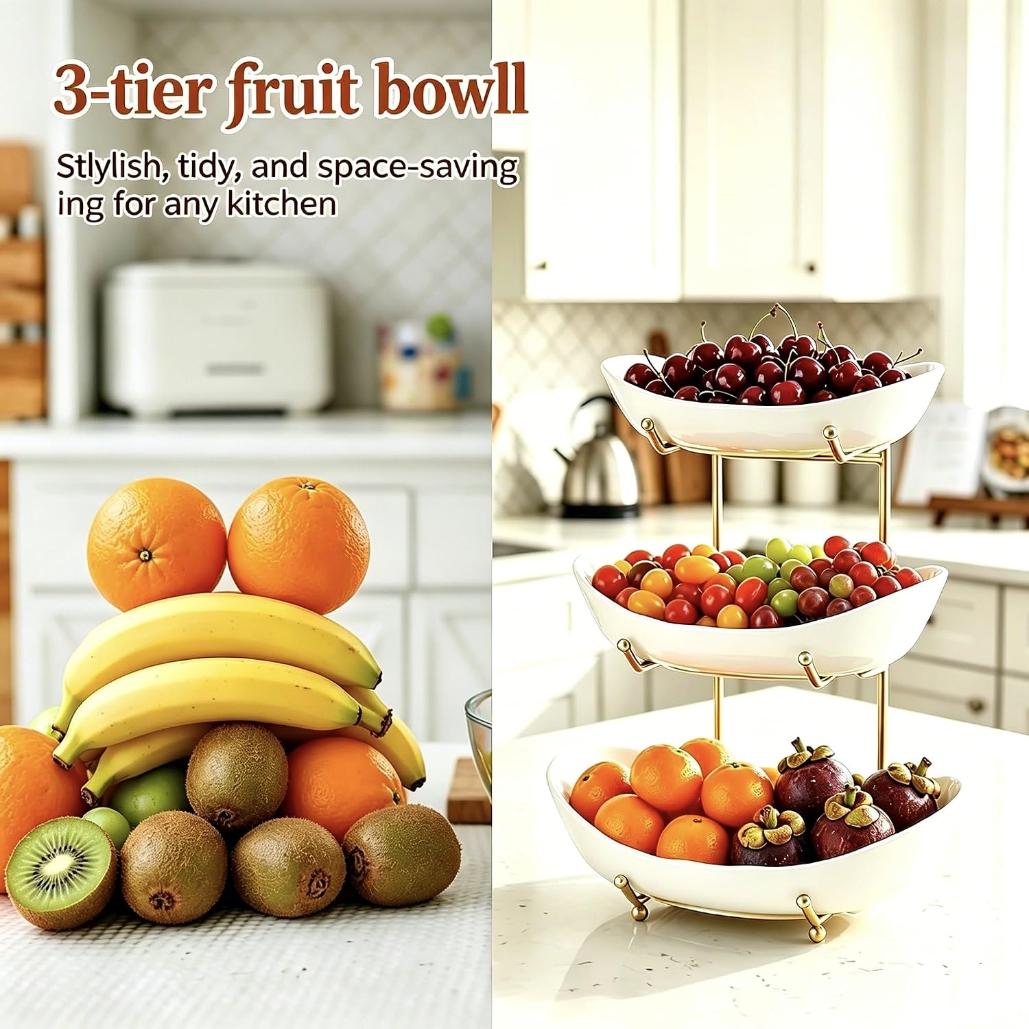 Ceramic Fruit Bowl for Kitchen Counter, 3 Tier Fruit Rack, Fruit Basket for Party, Fruit Stand for Countertop, Snack,Nuts, Cake, Dessert, Candy, Gold