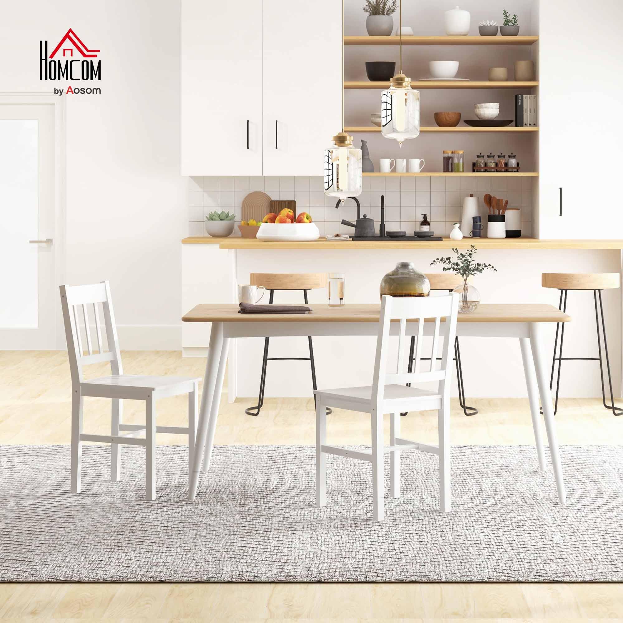 HOMCOM Juego de 2 Sillas de Comedor de Madera Maciza de Pino, Sillas de Cocina con Respaldo de Listones, Asiento Amplio, para Salón, Blanco