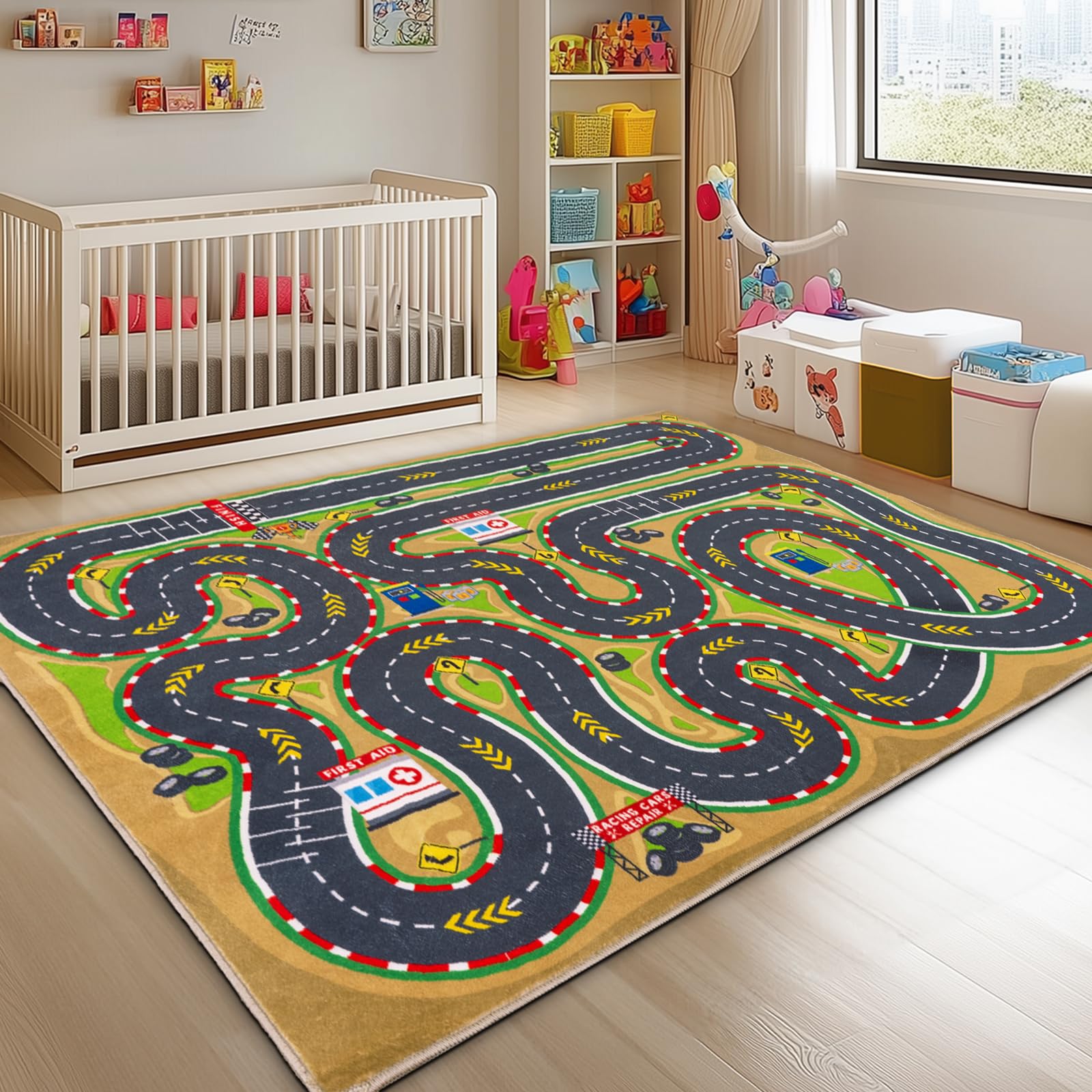 GthreeD Car Racing Track Rug, Soft & Non-Slip Machine Washable, perfect for educational play, learning, discovery, for children's rooms, living rooms, studies, playrooms,140x200 cm