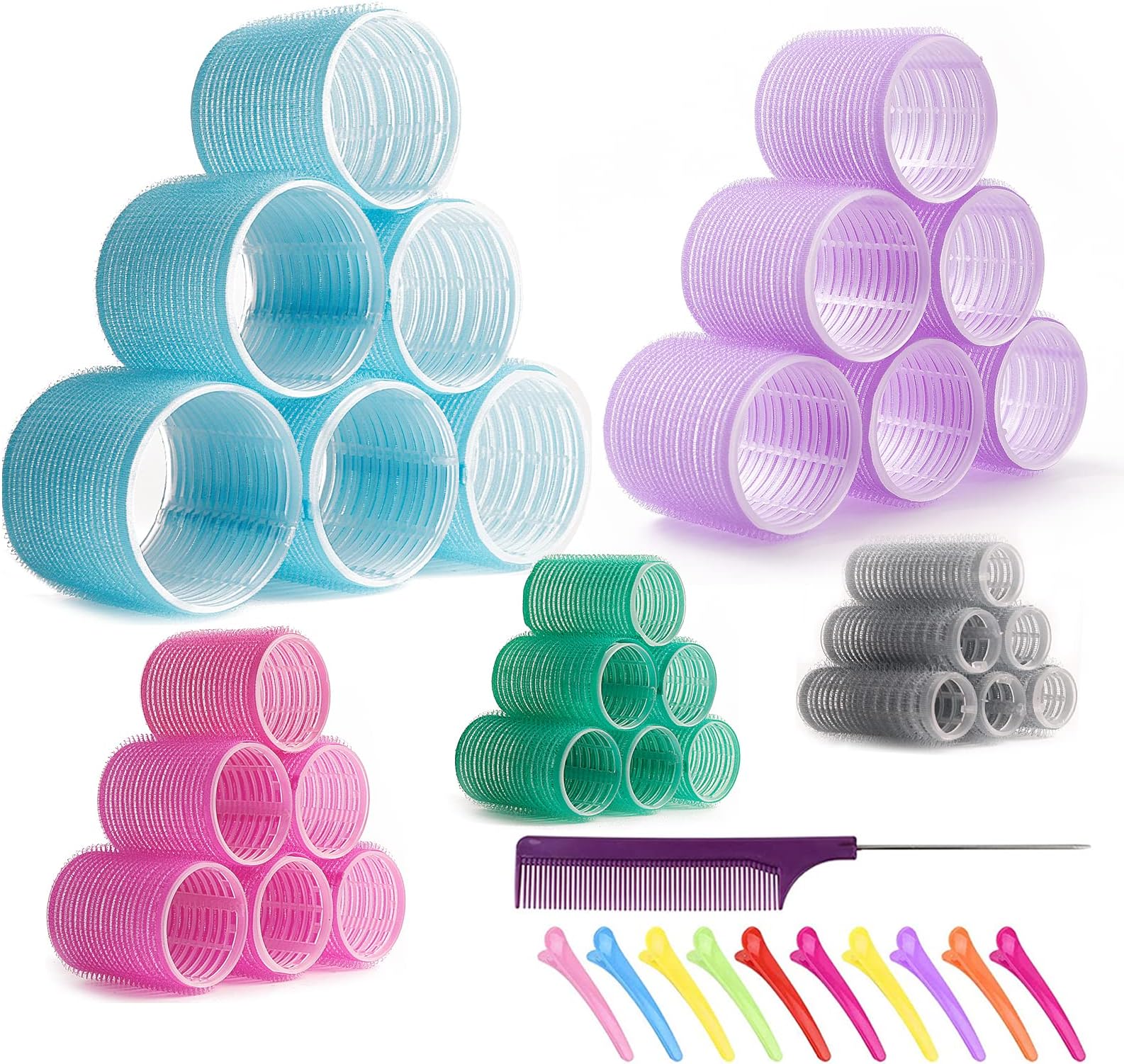 Jumbo Hair Rollers Hair Curlers. 3 inch Velcro Rollers, Large Self Grip Hair Curlers for Long Hair, Big Hair Rollers for Long Hair. No heat Curlers Hair Rollers with Clips & Comb. 30 Pack Multicolor