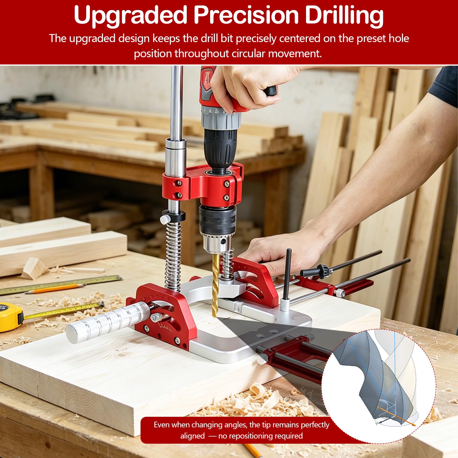 Supporto Trapano Upgrade con Mandrino, Guida Angolare 0–60° per Trapani Portatili, Autocentrante, Capacità Serraggio 1,5–13 mm, con Indicatore a Lancetta, Boccole in Ottone per Forature di Precisione