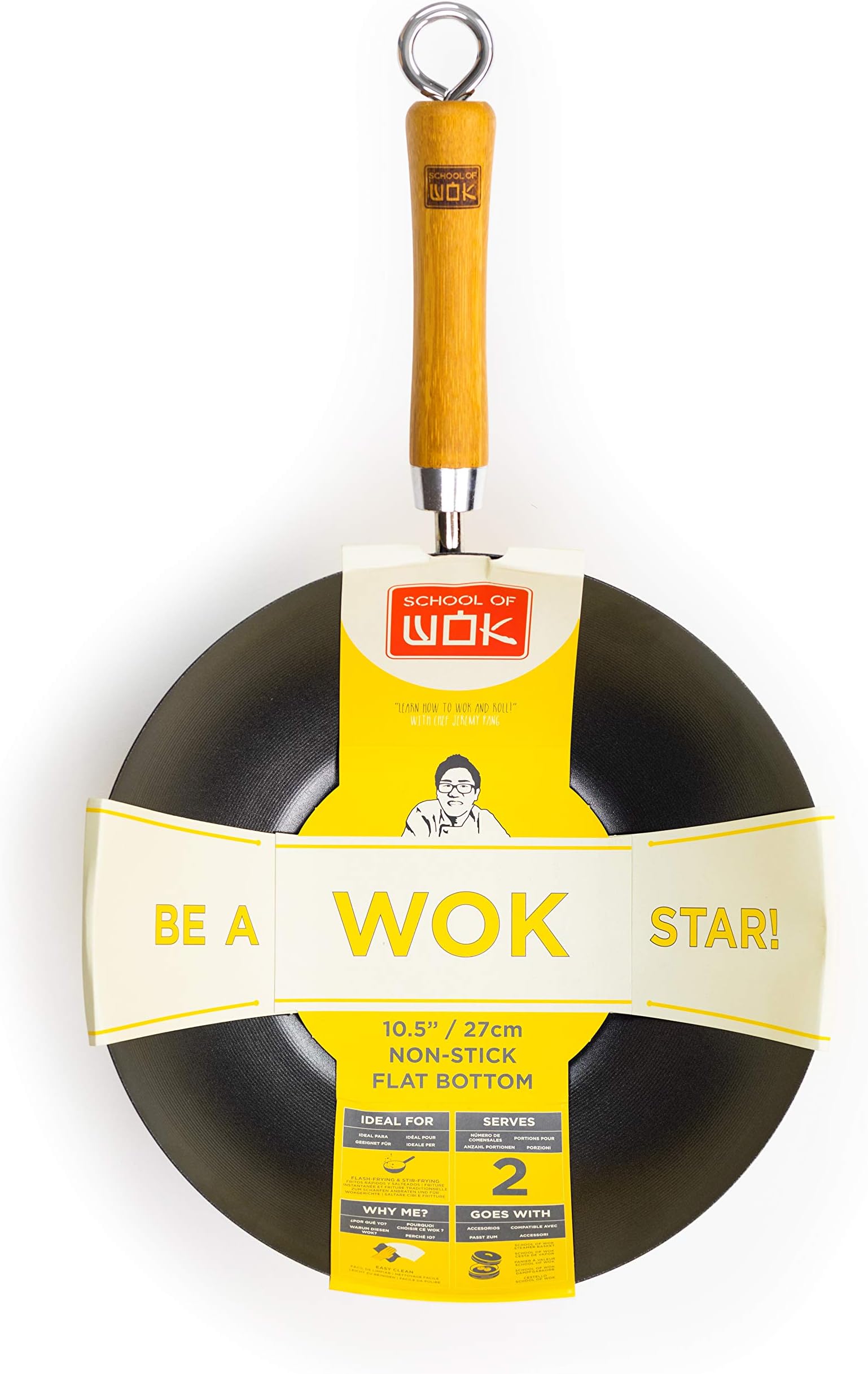 School of Wok - 10.5"/27cm Carbon Steel Non-Stick Wok, Flat Bottom, Bamboo Handle