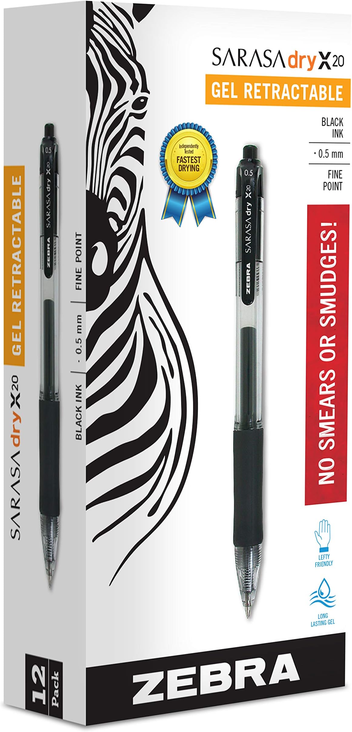 Sarasa Dry X20 Retractable Gel Pens, 0.5mm Medium Point, Black Ink with Rapid Fast Dry Ink Technology, Ideal for the Left-Handed, Eliminates Smudging and Smearing in Seconds, 12-Pack (46710)
