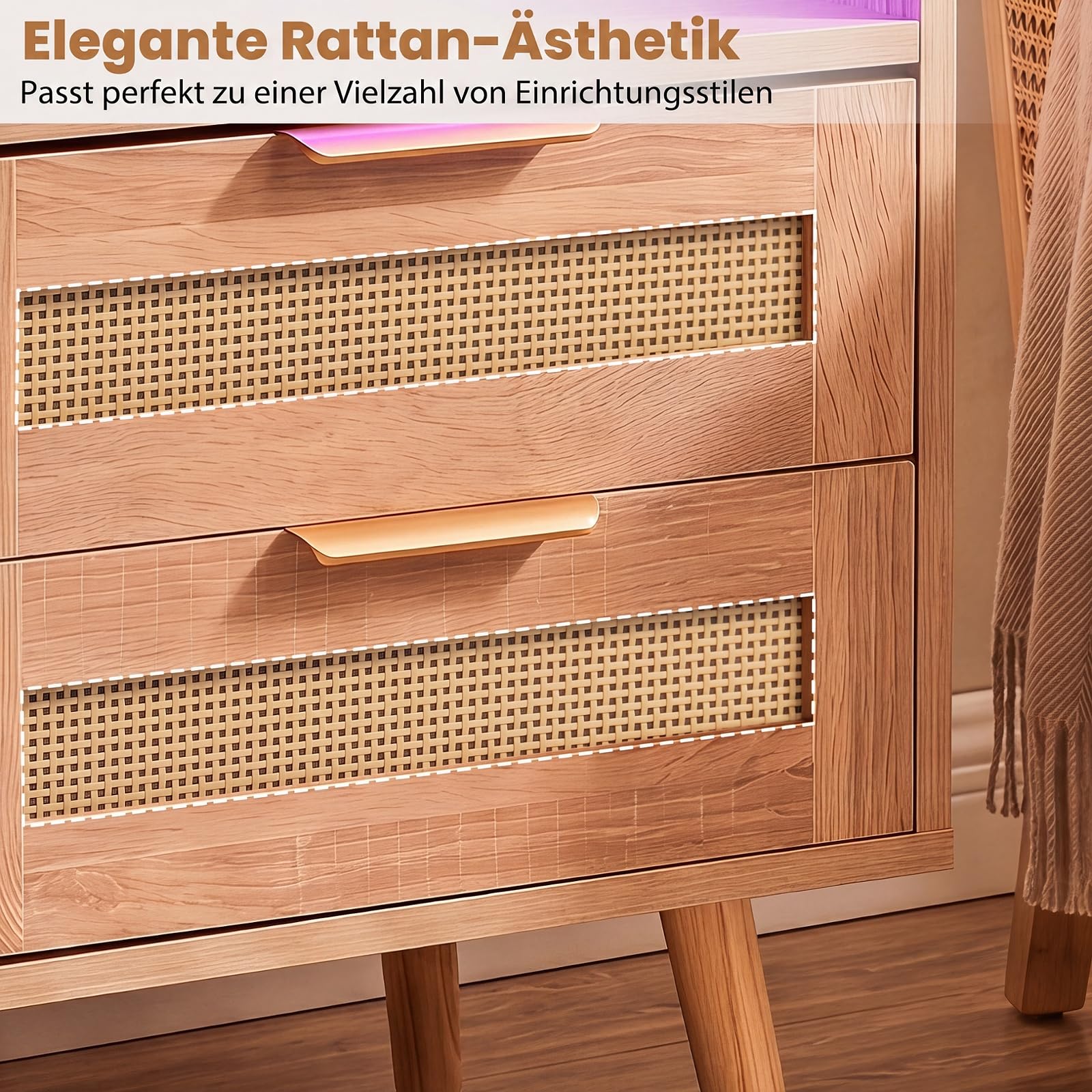 COSTWAY 2er Set Nachttisch mit Ladestation & LED-Leuchten, Holz Nachtkommode mit 2 Schubladen, Beistelltisch mit Rattan-Optik, Nachtschrank mit Fernbedienung, für Schlafzimmer， Wohnzimmer, Natur