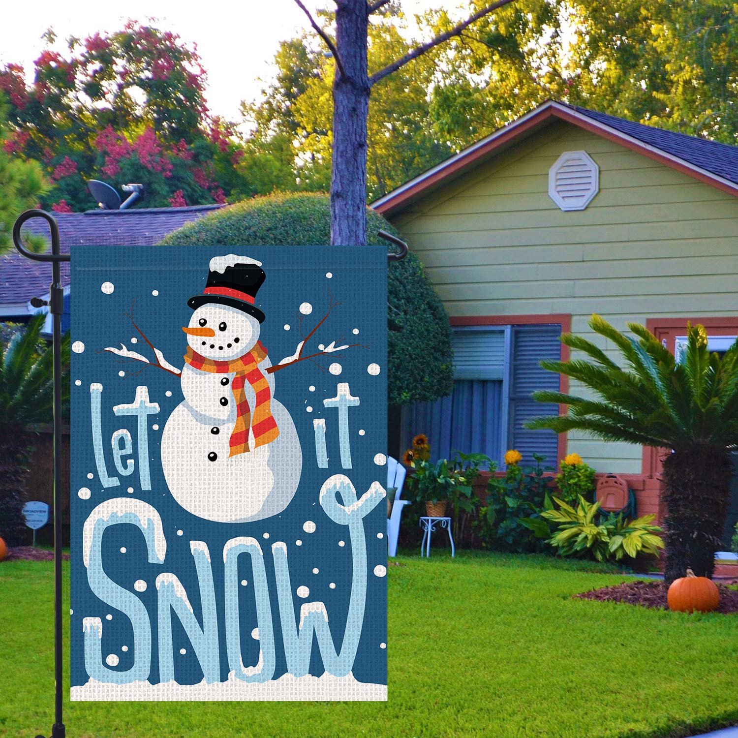 Winter-Gartenflagge „Let It Snow“ – Fröhlicher Schneemann Mit Strickmütze Für Terrasse & Garten