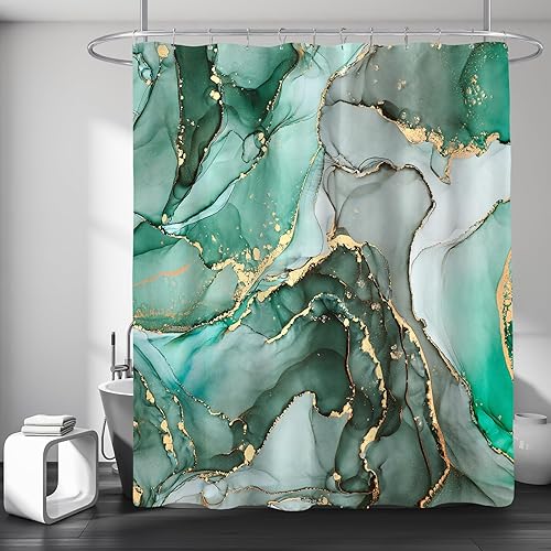 Green Marble Shower Curtain, Emerald Green Gold Modern Fabric Shower Curtains for Abstract Bathroom Decor, Luxury Art Ink Texture Watercolor Shower Curtain Set with Hooks 72x72