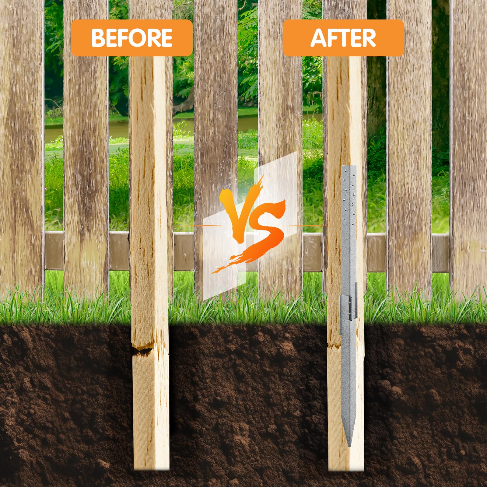 2 Pack Fence Post Repair - New Upgraded Fence Post Anchor Ground Spike for Repair Tilted/Broken Wood Fence Post, Easy to Install & Double Firm — view 5