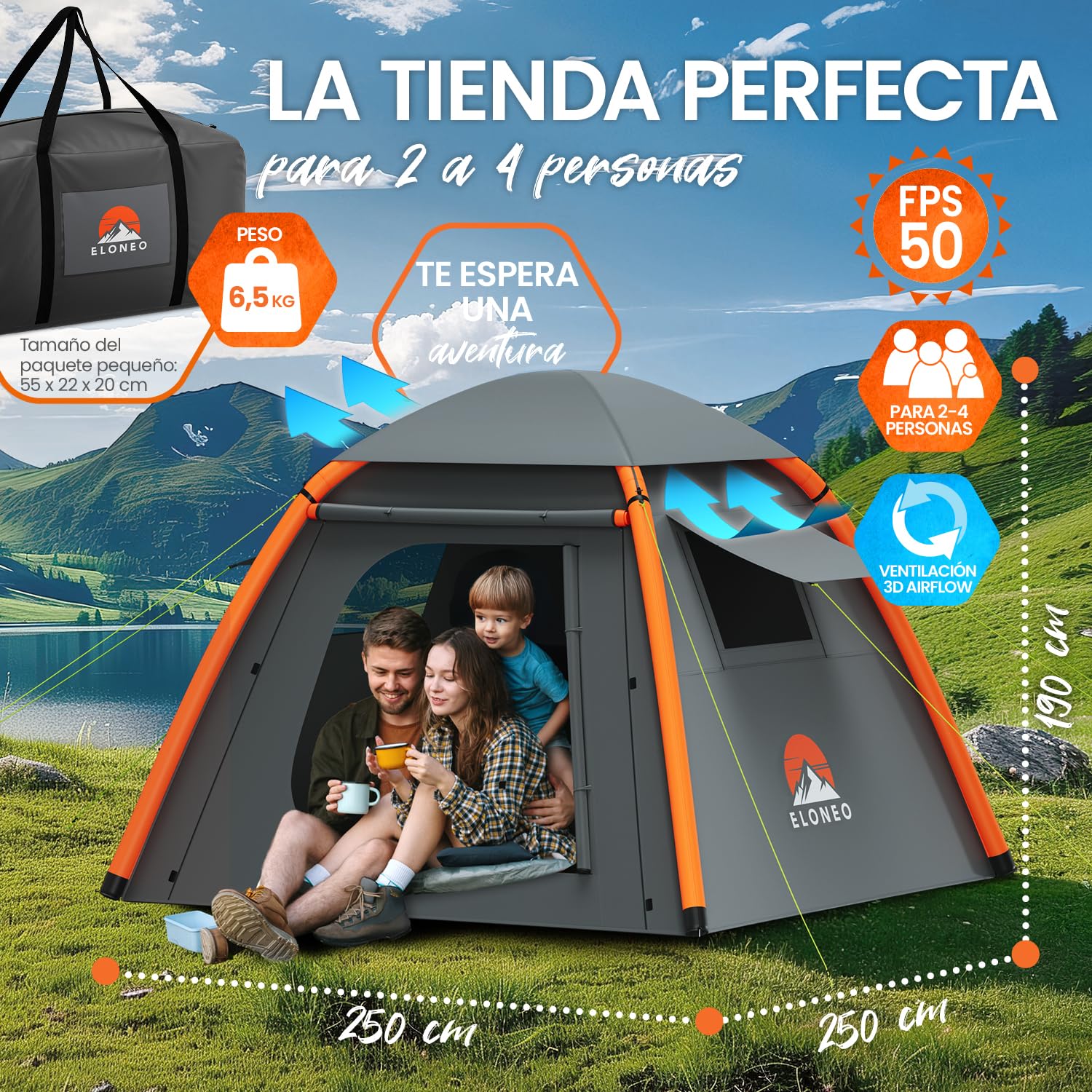 ELONEO Tienda de campaña hinchable con toldo y bomba de aire, tienda de campaña impermeable, ultraligera, tienda de campaña inflable con luz LED gratis