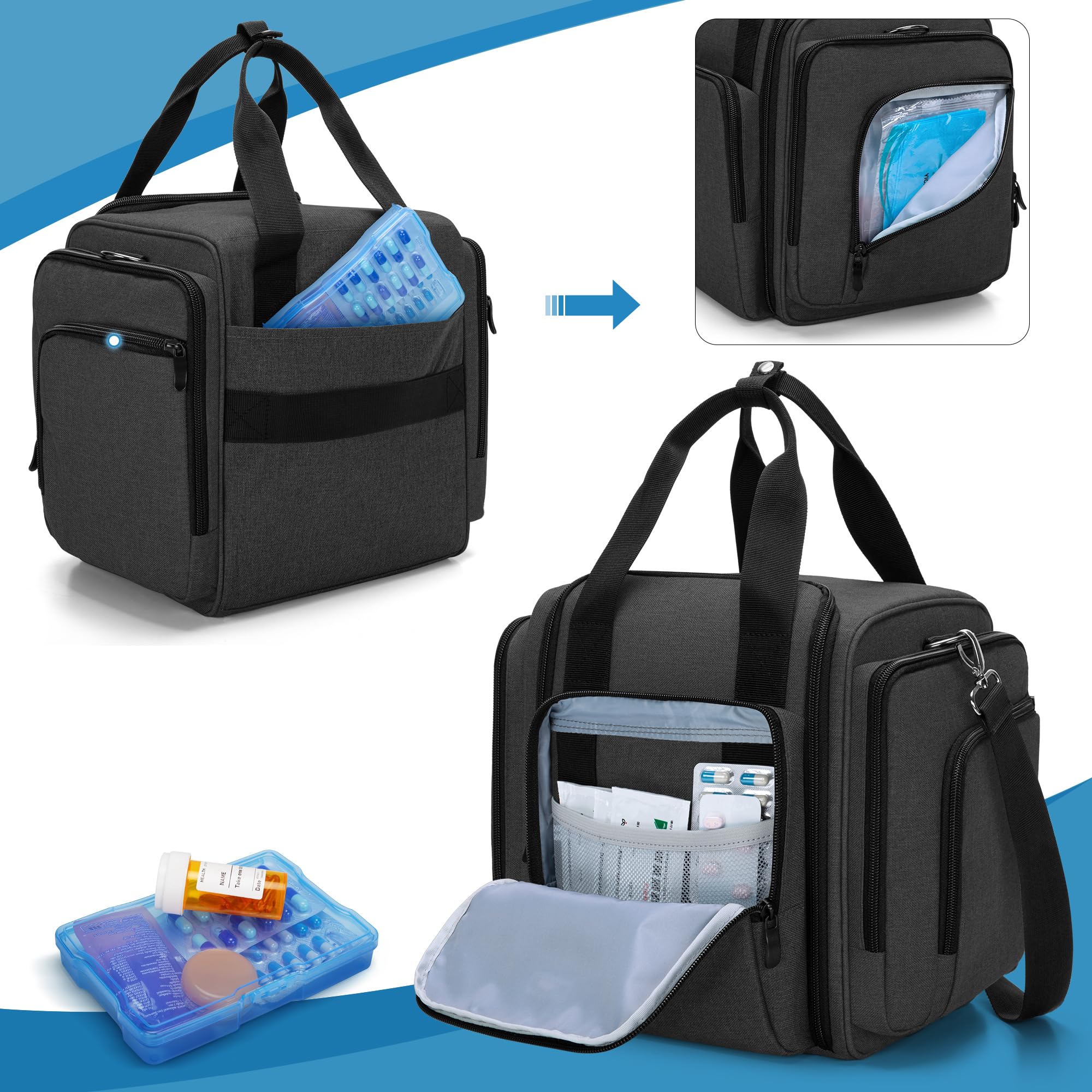 BAFASO Bolsa de Medicina, Organizador de Frascos de Pastillas y Correa | Grande con 4 Bolsillos Interiores Extraíbles, para El Hombro (Sola Bolsa), Negro