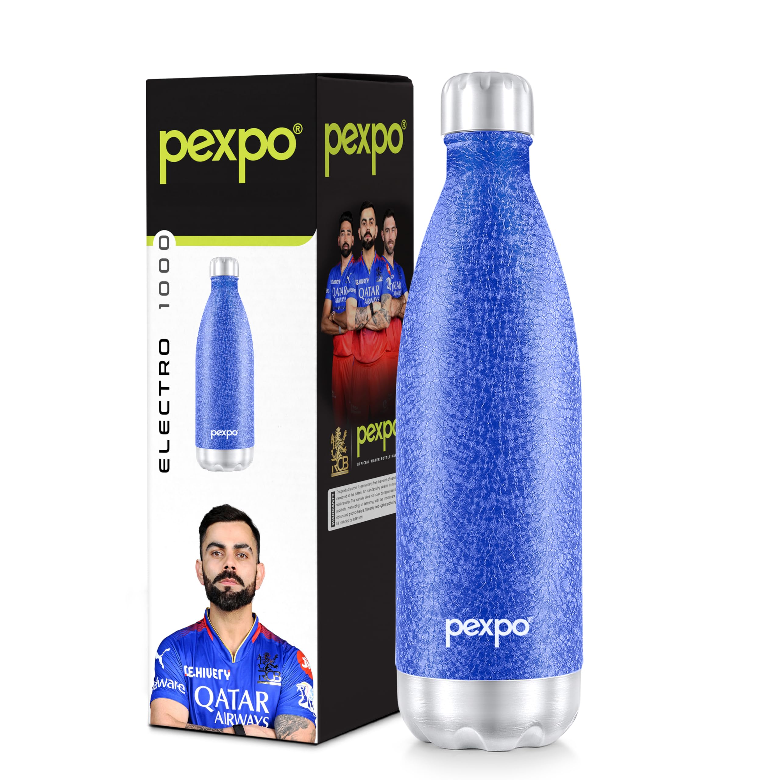 Pexpo Electro Pro Hot & Cold ISI Certified | Stainless Steel Water Bottle - 1000ml Blue | Thermoflask | Office Bottle | Workout | Travelling | Home | Limited RCB Edition