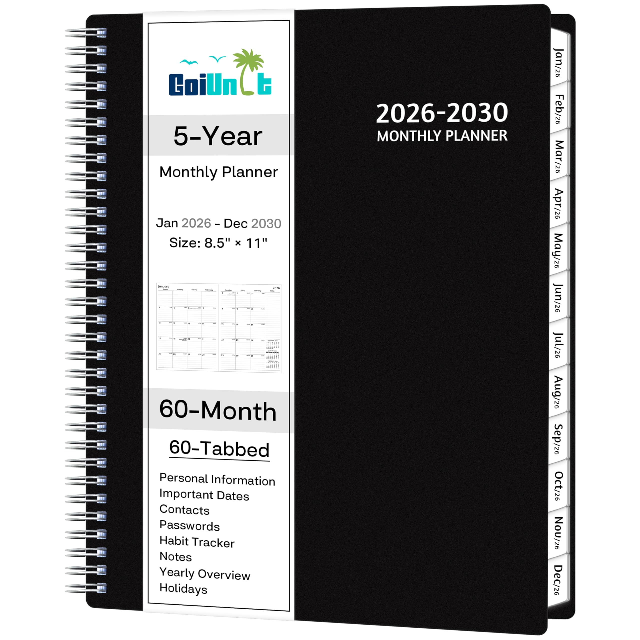 Monthly Planner 2026-2030, 5-Year Calendar Planner 2026-2030, Jan 2026 – Dec 2030, 8.5 x 11 In, Ruled Spread, Flexible Cover, Spiral Wirebound, Pocket