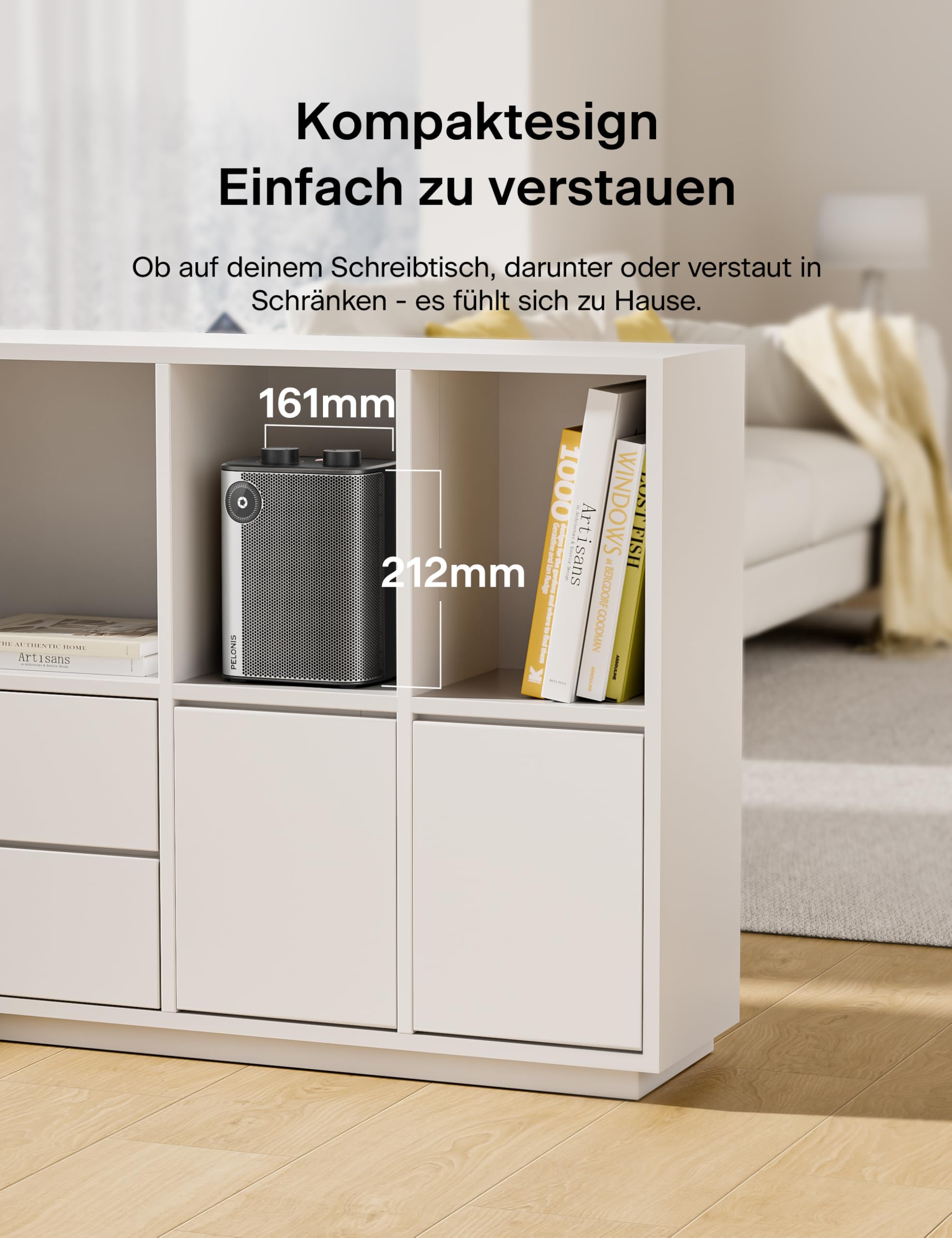 PELONIS Keramik Heizlüfter Mini 2000W, 2S Schnellheizung, 3 Heizstufen + Lüfter, Leise Tischheizung mit Überhitzungs & Kippschutz für Büro, Schreibtisch & Homeoffice