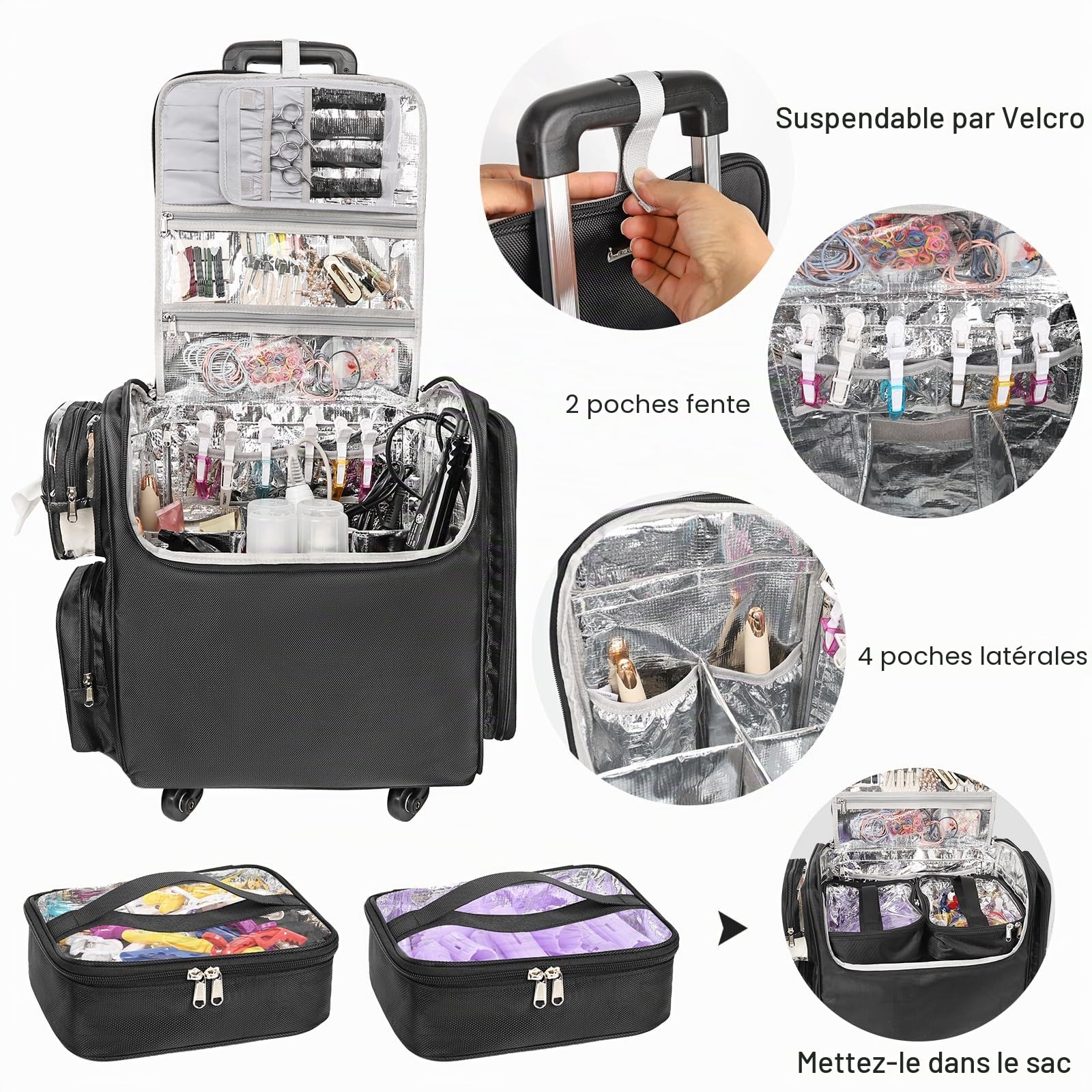 Valise cosmétique roulante, sac de voyage pour coiffeur avec 4 roues, isolation thermique, séparateurs réglables, outils pour cheveux et cosmétiques - Organisateur de rangement à roulettes, Noir ,