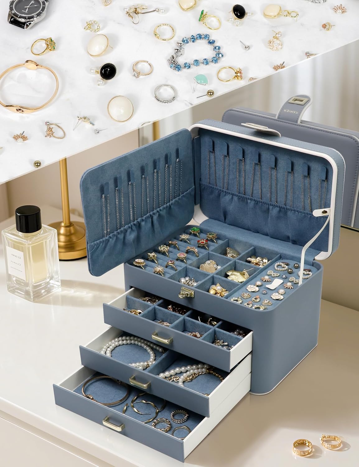KAMIER Jewelry Boxes for Women, 4 Layer Jewelry Organizer with Mirror, 3 Drawers, Large Jewelry Box for Bracelets, Earrings, Rings, Necklaces, Mothers Day Gifts for Loved One, Bluish Grey image 6 of 9 B0C2797LGN