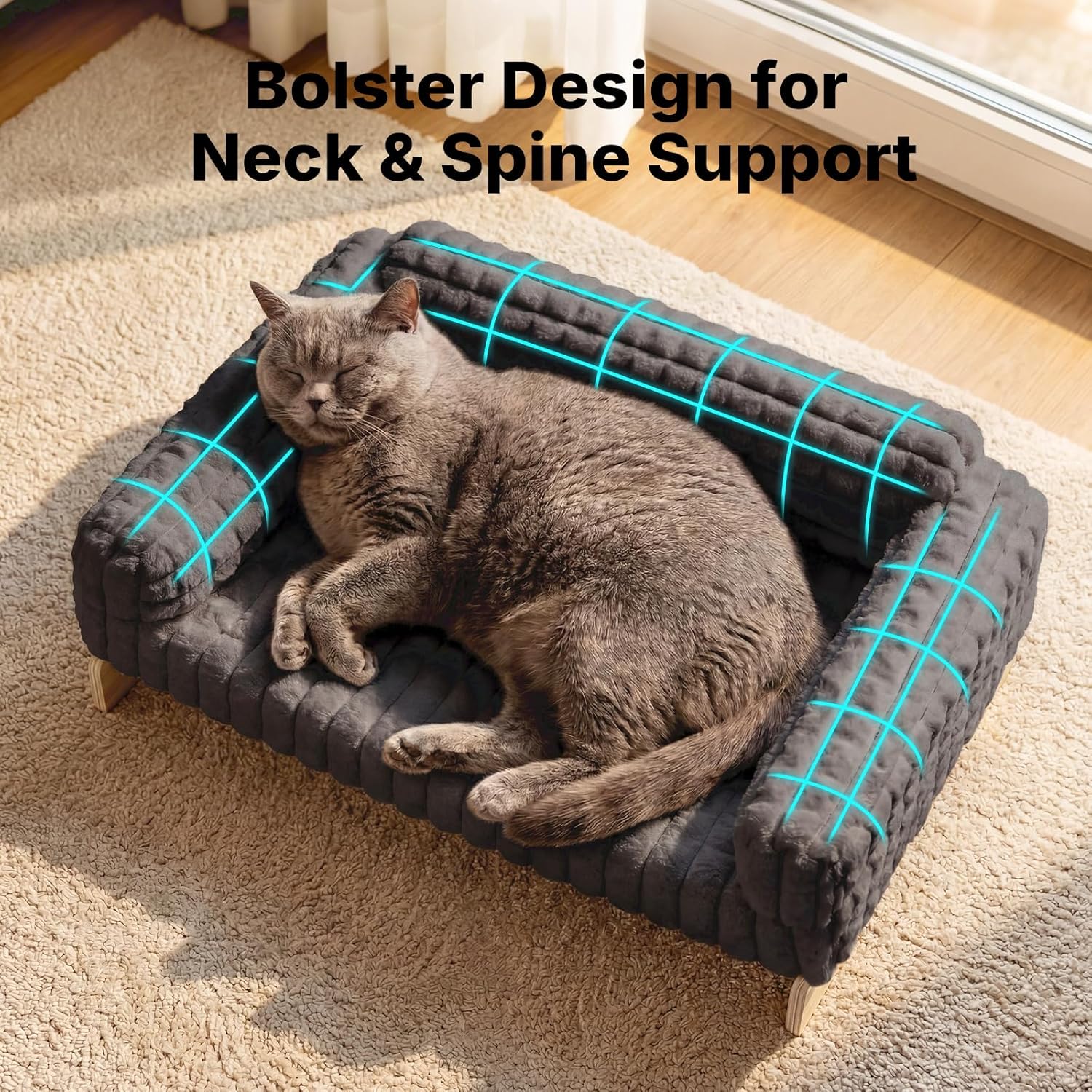 Veehoo Elevated Cat Bed Indoor, Wood Furniture Style Cat Couch Sofa with Removable Washable Cover, Cute & Fluffy Large Cats Bed Furniture for Home