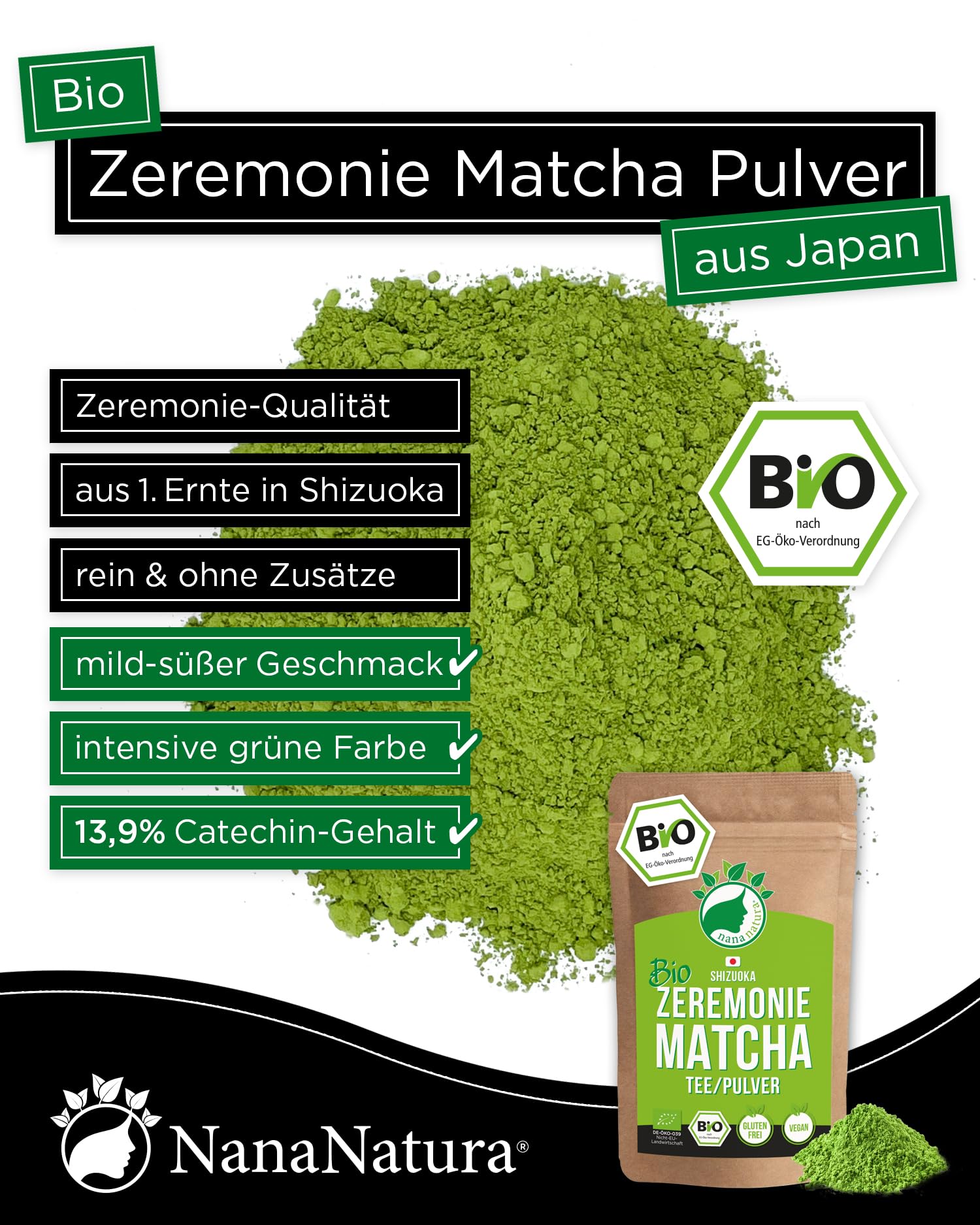 Bio Zeremonie Matcha Tee Pulver aus SHIZUOKA Japan 100g | Ceremonial Grade 1. Ernte | handgepflückt & per Granitsteinmühle zu Grüntee-Pulver vermahlen | für die Teezeremonie