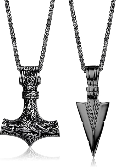MILACOLATO 2Pcs Necklace Men's Viking Stainless Steel Thor Hammer Triangle Pendant for Men with 61cm Basket Chain Black Plated Stainless Steel Necklaces Viking Jewelry for Men Boy