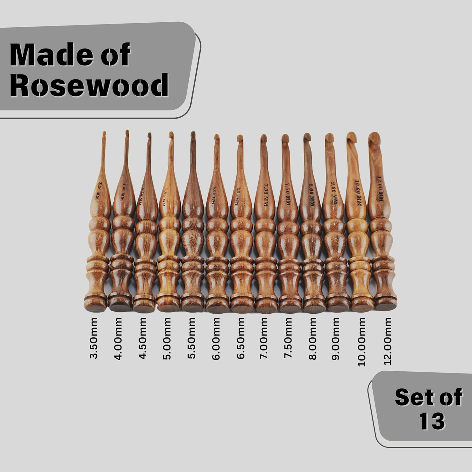 13-Piece Wooden Crochet Hook Set with Stand – Sizes 3.5mm to 12mm, Smooth Bamboo Crochet Hooks for Yarn, Ergonomic Knitting & Crochet Tools for Beginners & Experts