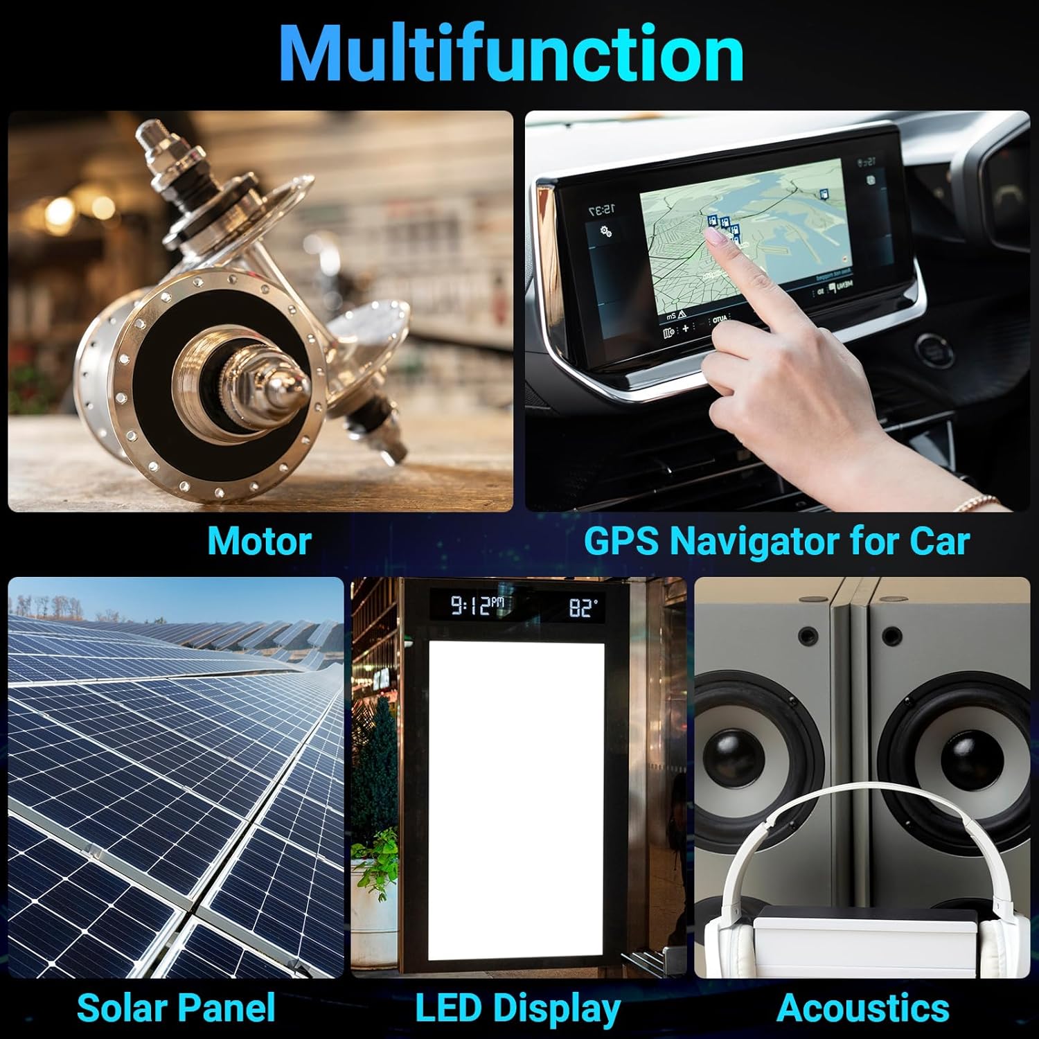 Collage of various applications for the DC-DC buck converter, including a motor, car GPS navigator, solar panels, LED display, and audio equipment.
