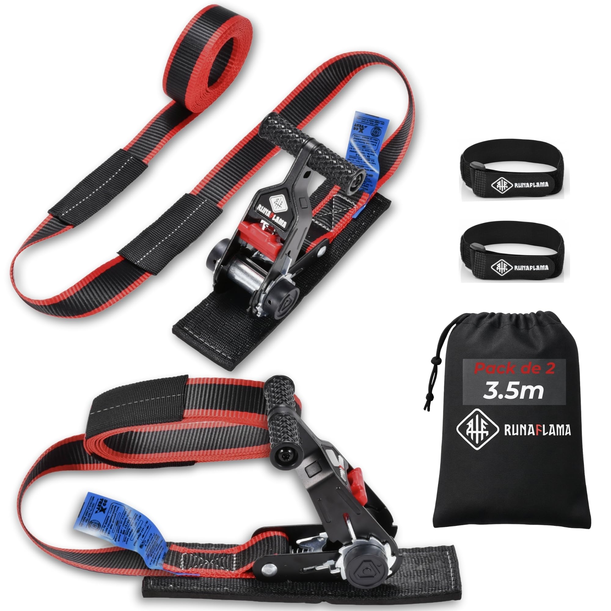 RUNAFLAMA - Cinchas de Amarre Carraca con Protección - Eslingas de Carga para Baca Coche, Surf, Kayak, Paddle - Trinchas de Sujeción a Portabicicletas - F. Rotura 1600 kgf/Cinta - 2 Correas de 3,5m