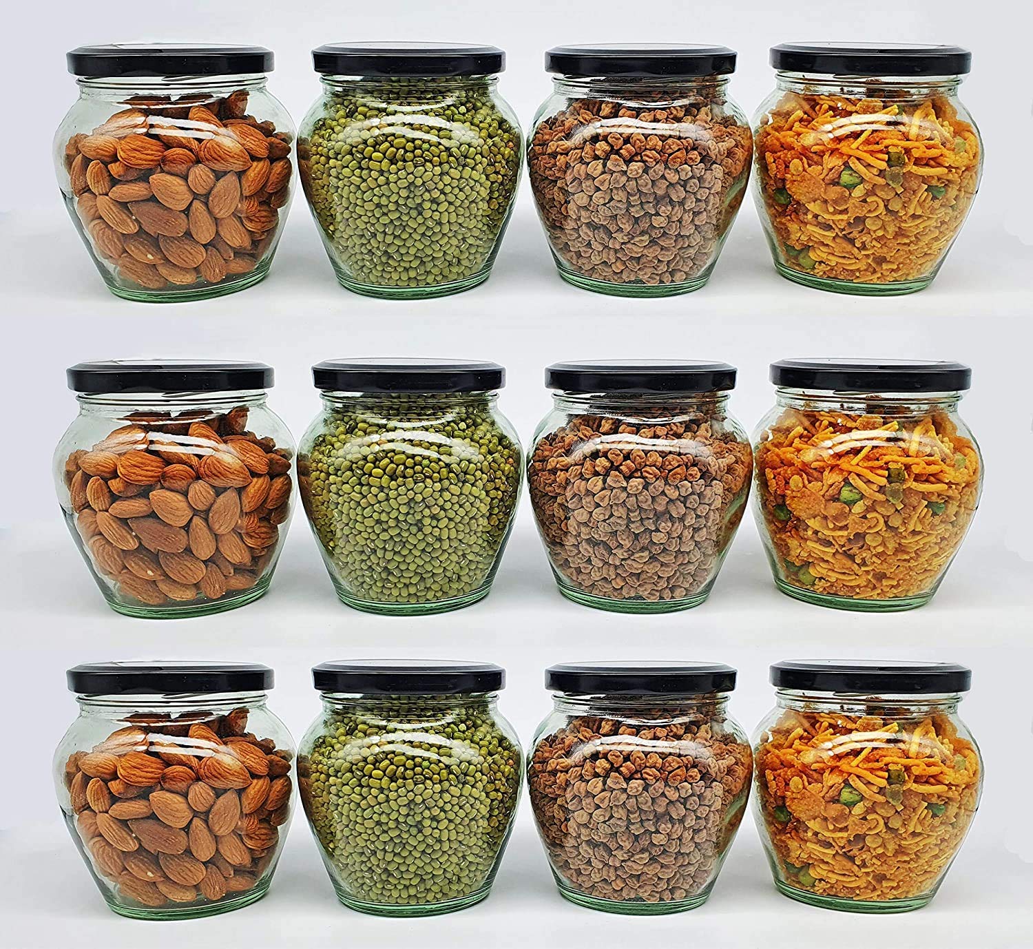 Transparent Glass Jar and Container Air Tight Black Lid for Kitchen 400 ml Mataki Glass Jar with Airtight Metal Lid (Pack of 6)