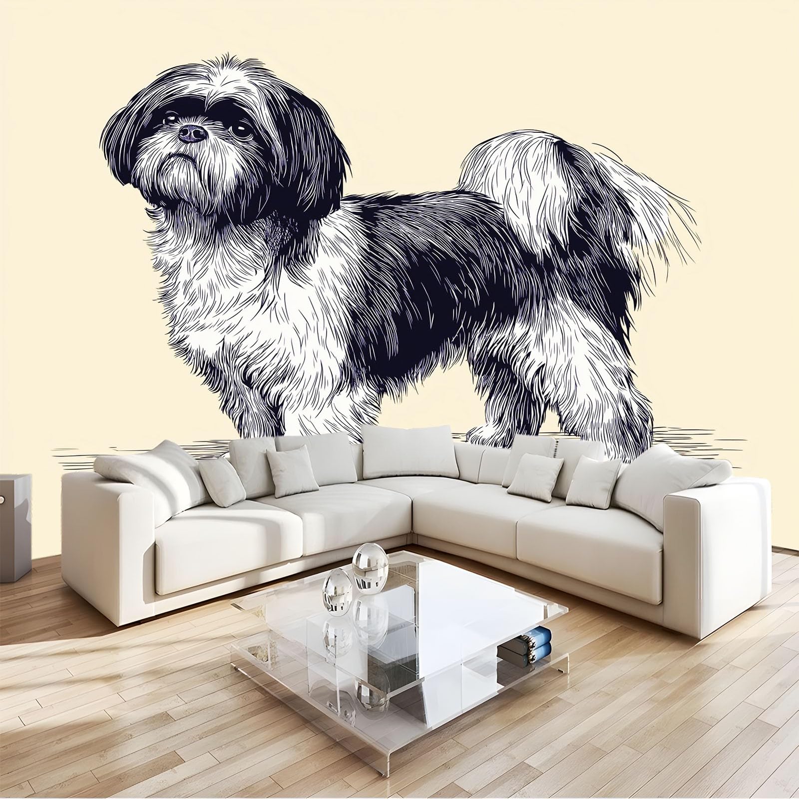 Fototapeta 3D 400 x 280 cm - żółta włóknina tapeta ścienna do salonu i telewizora biura - dekoracja XXL niesamoprzylepna nowoczesna minimalistyczna zwierzę domowe pies Shih Tzu