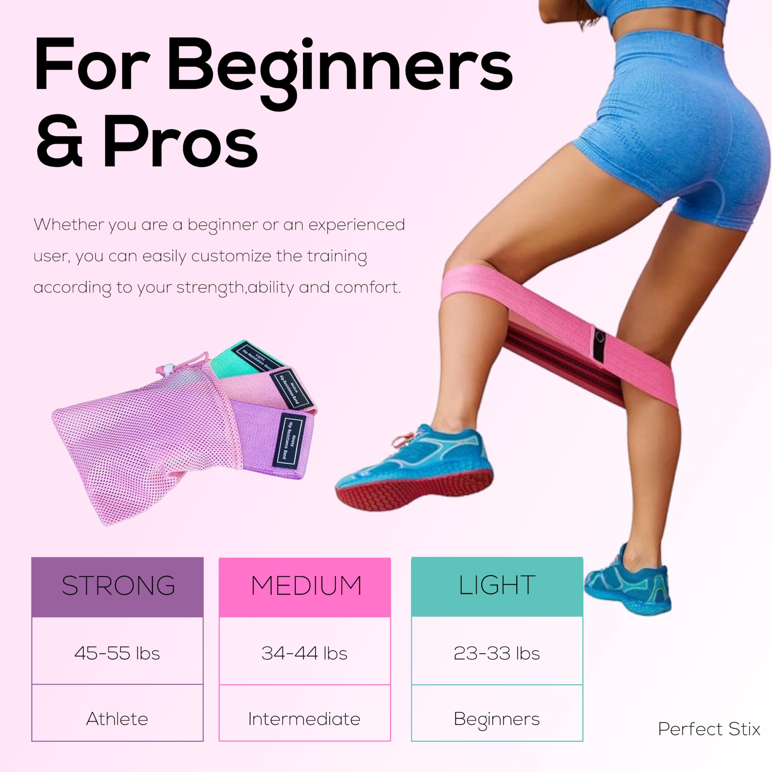 Perfect Stix Booty Bands Widerstandsbänder-Set aus Stoff mit 3 Stufen, rutschfeste Stretchbänder, Übungsbänder für Beine und Po, inklusive rosa Netz-Reisetasche