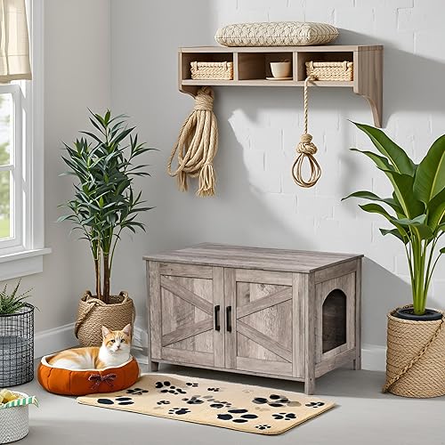 Miniatura 7 de Homhedy Caja de arena para gatos, caja de arena oculta con puerta de granero, muebles de madera para gatos, casa para gatos, se adapta a la mayoría