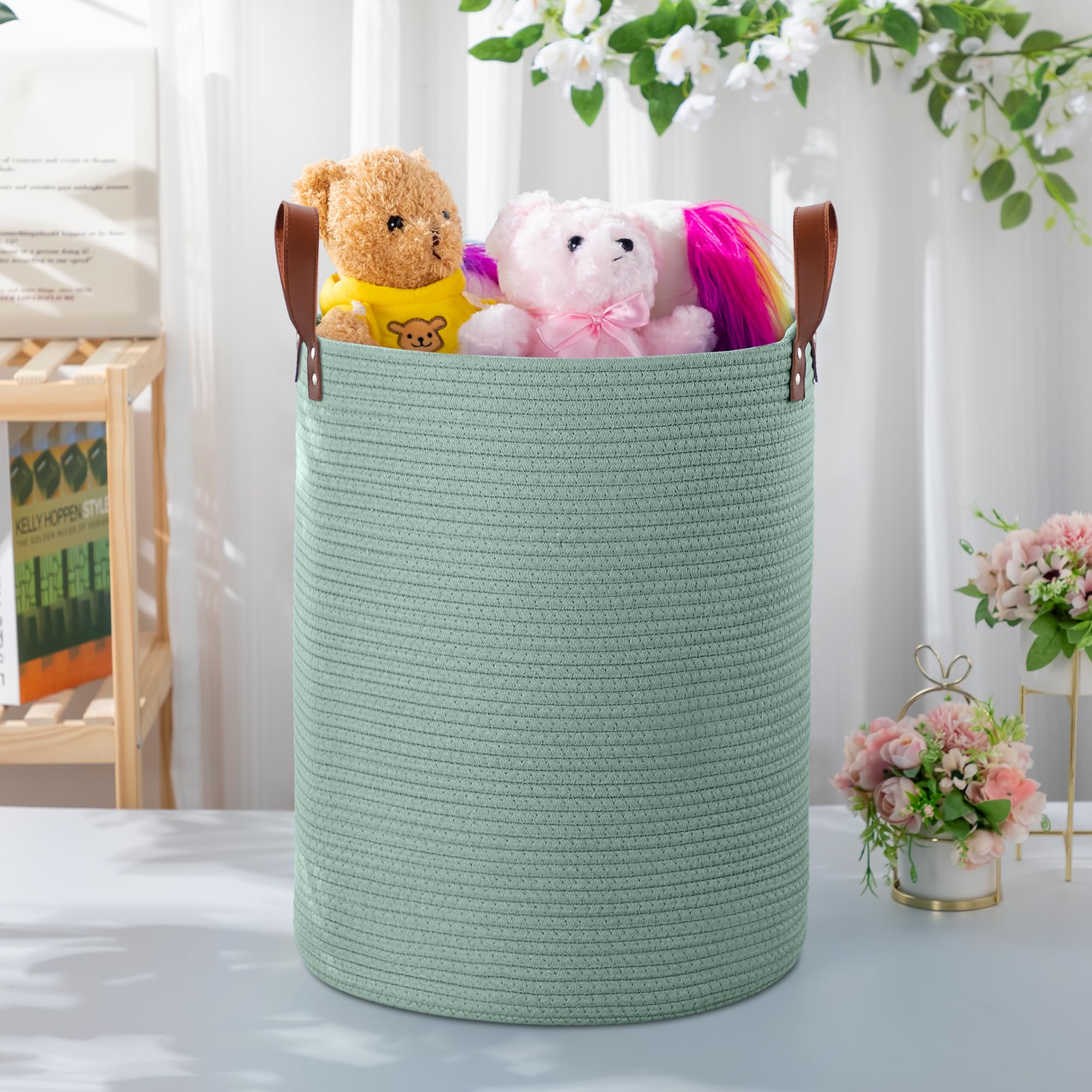 Grande cesto portaoggetti in corda intrecciata da 80 l, con manici in pelle, per giocattoli per cani, camera da letto, cameretta dei bambini, cesto portabiancheria alto 40,6 x 50,8 cm (verde)